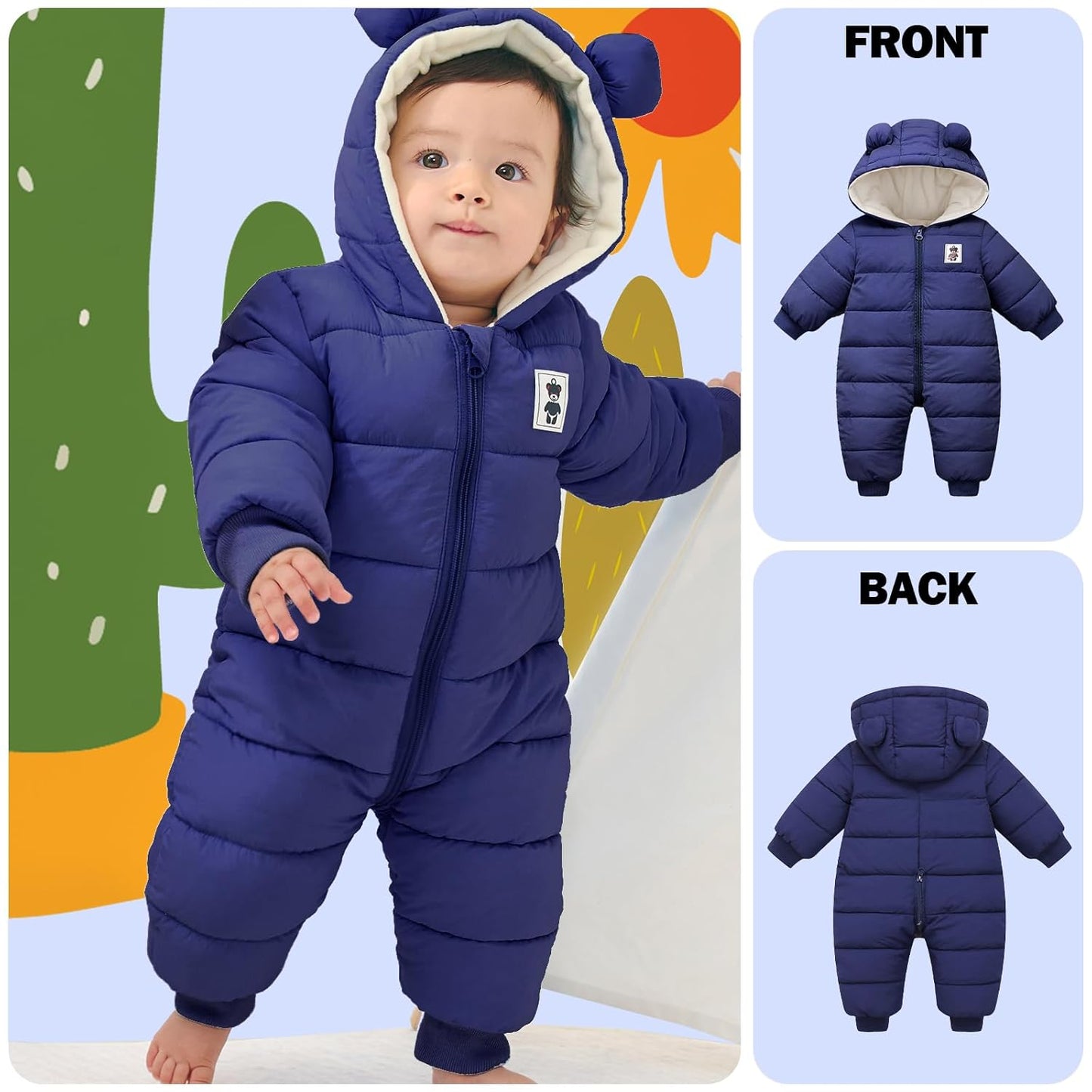 Minizone Baby Winter Jumpsuit with Hood, Romper Snowsuit Boys and Girls, Long-Sleeve Jumpsuit, Warm Outfits, Gift, 6-9 Months, 80 cm, Black