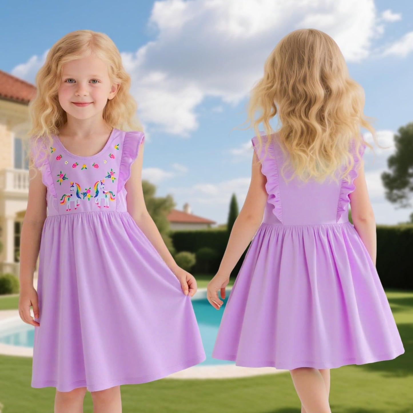 JinBei Mädchen Kleid Baumwolle Rundhals Rüschen Ärmellos Lässige Einhorn Cartoon-Applikationen Blau/Weiße Gestreift Kleidung Kinder Sommer Party Festliches Prinzessin A-Linie Kleider Gr. 98-128