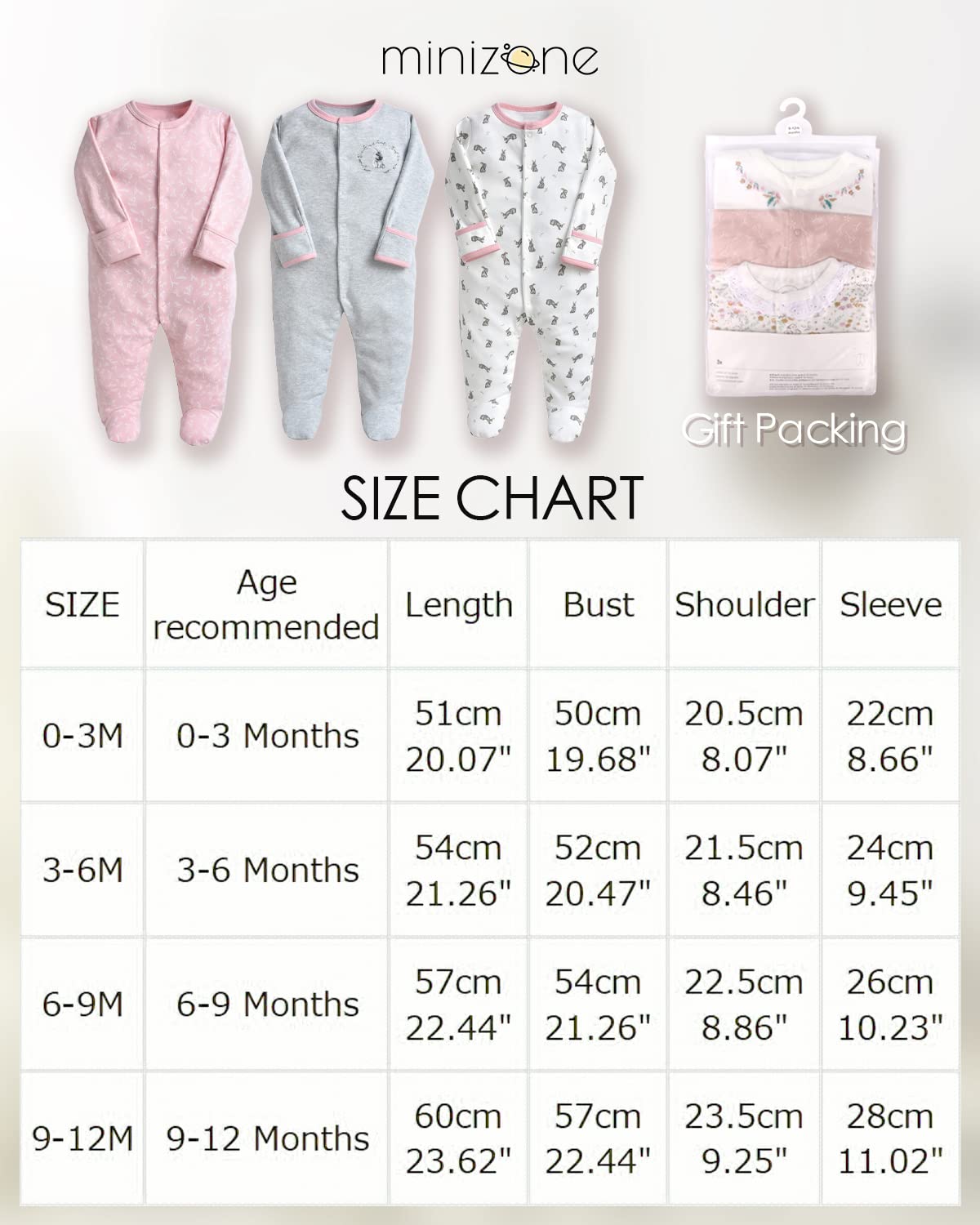 Minizone Baby Schlafstrampler 3er Pack, Pyjamas Langarm Strampler Jungen Mädchen Geschenk 9-12 Monate