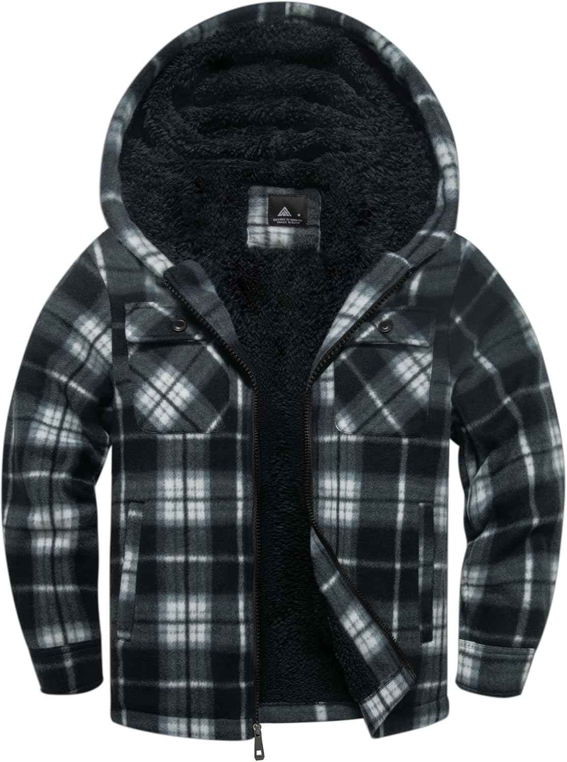 zitysport Shirt Jacket Boys Thick Hoodie Checked Jacket Children with Zip Warm Flannel Jacket Boys Sweat Jacket Outdoor Fleece Jacket Winter Jackets for Boys with Chest Pocket