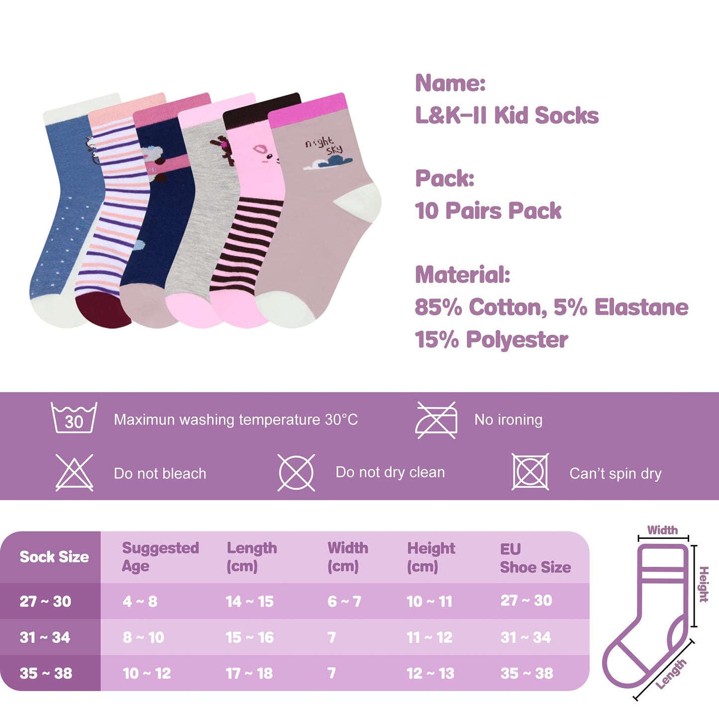 L&K-II 10/12 Paar Kinder Mädchen Socken aus Baumwolle Kleinkind niedliche Muster Kids Sneakersocken bunt 2808VA