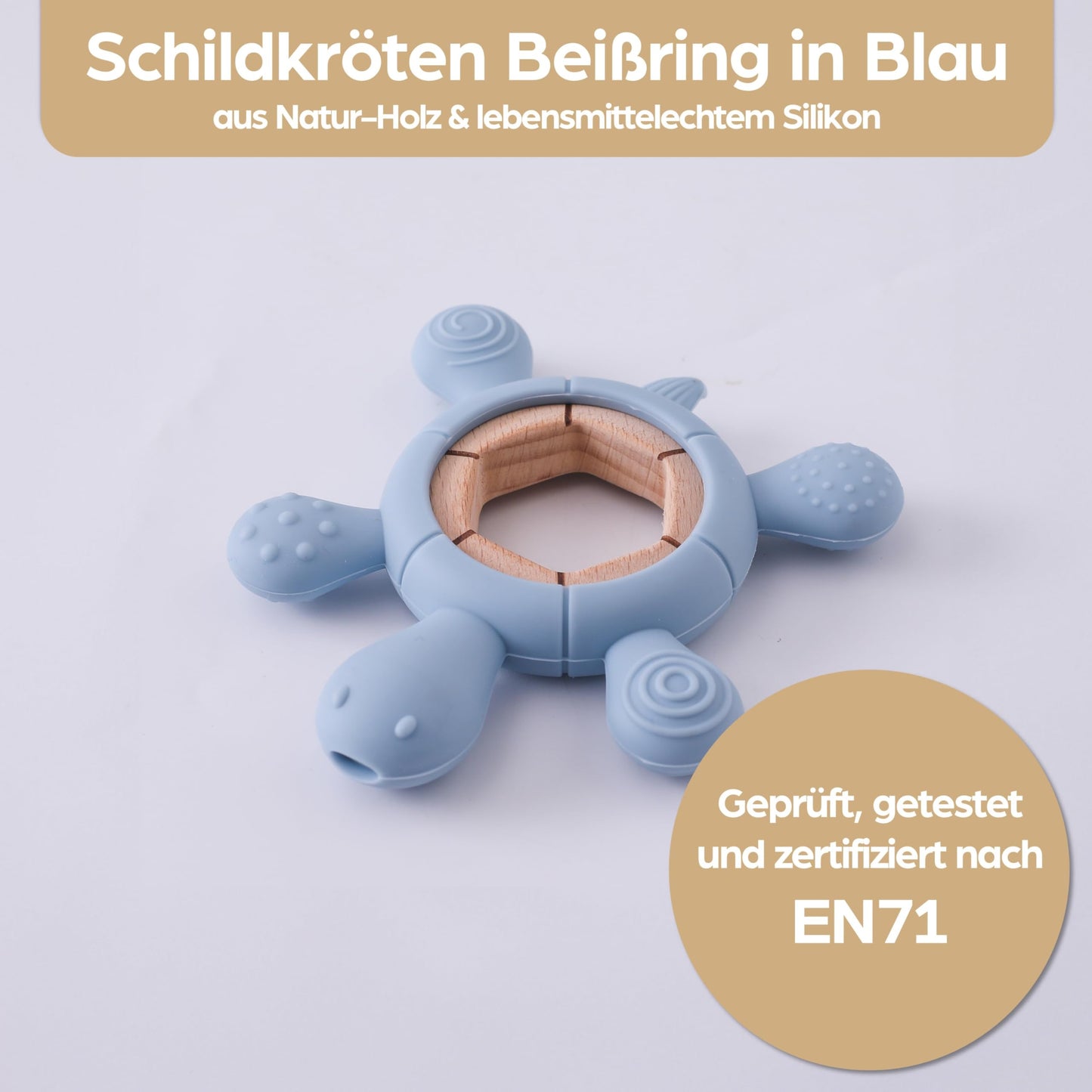 Schildkröte Beißring für Baby Natur Holz & Silikon Blau - Kauspielzeug, Zahnen-Hilfe & Greifling - Babyspielzeug Beissring Geschenk zur Geburt - Holz-Spielzeug nachhaltig, BPA-frei schadstofffrei