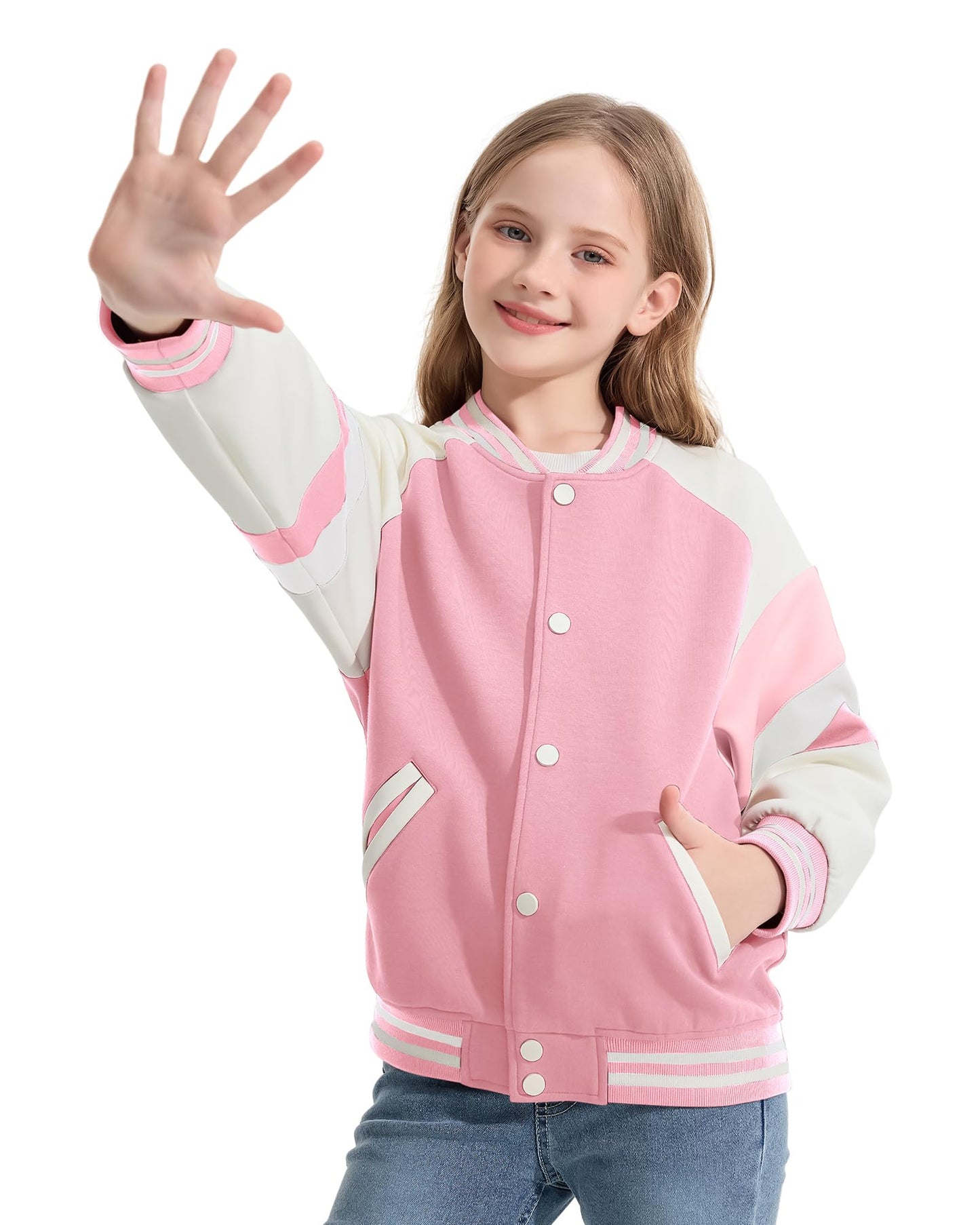Rolanko Girls Baseball Jacket Boys Varsity Style Sweat Jacket with Pockets for School Bomber Coat for Children