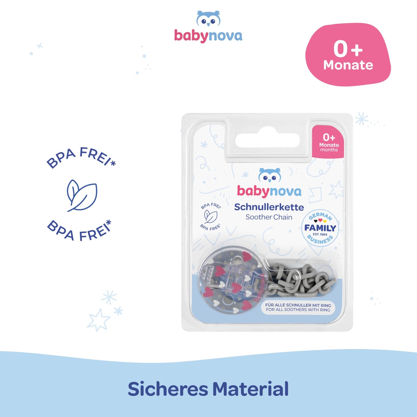 babynova Schnullerkette mit Clip - Schnullerhalter kompatibel mit Schnullern mit Ring - Kinderwagen Zubehör - BPA-frei - Rosa Herzen