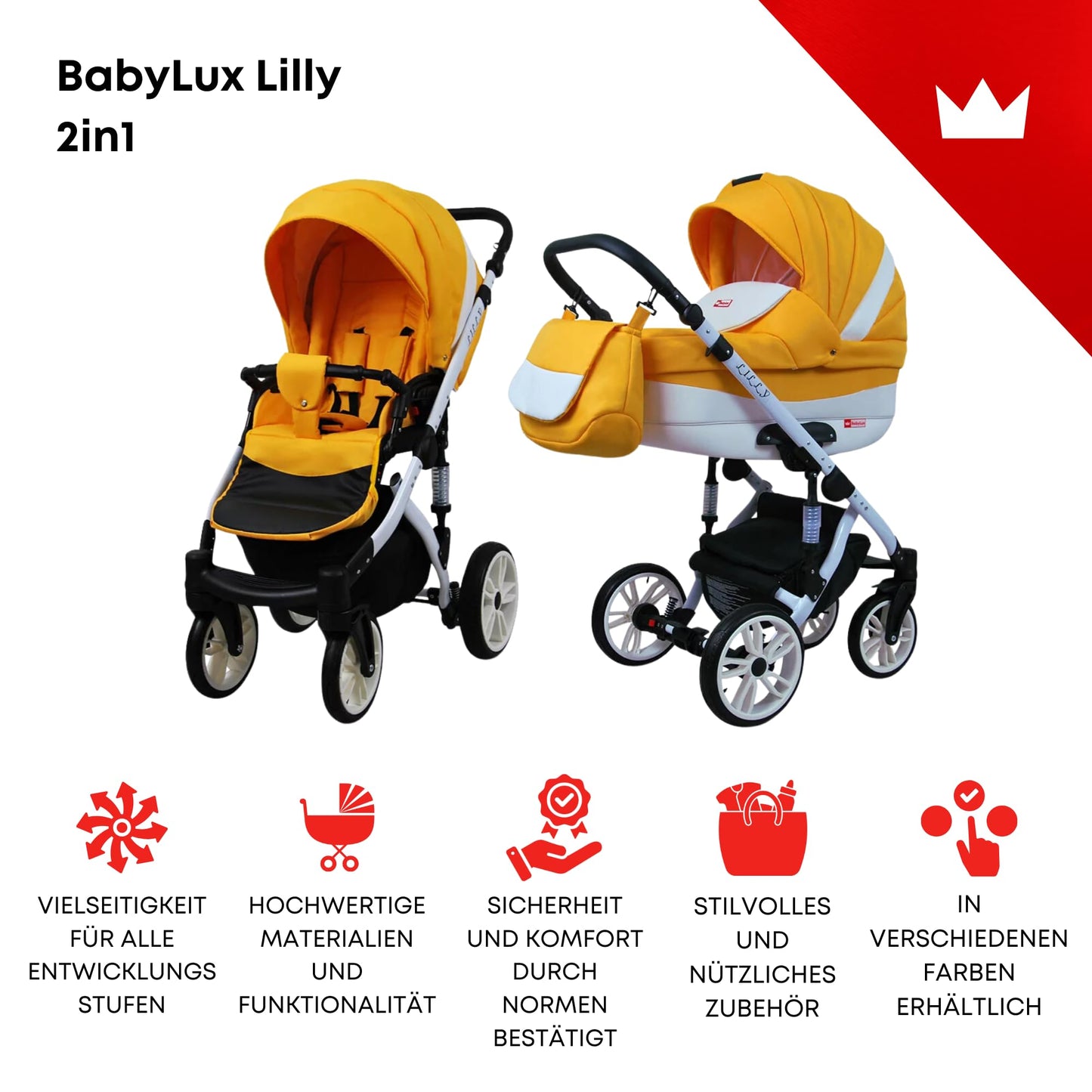 BabyLux® Bambimo Kinderwagen Set 3 in 1 - Lilly - incl. Babywanne, Buggy Sportsitz, Auto-Babyschale - Autositz - Kinderwagenset - Kombikinderwagen mit Wickeltasche, Regenschutz usw.