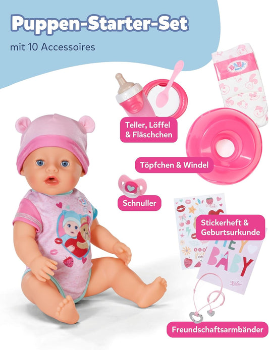 BABY born Emma - 43 cm Baby Doll - 10 Functions Including Accessories & Romper - Works Completely Without Batteries - Suitable for Children from 3 Years