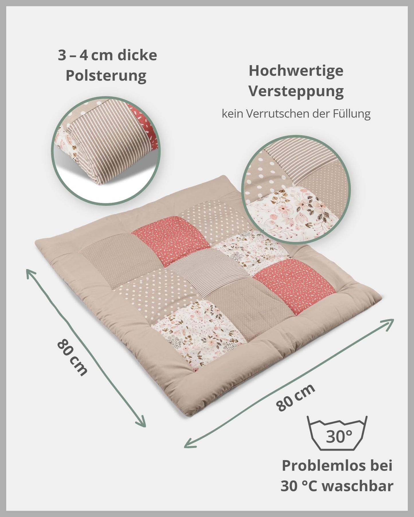 ULLENBOOM Krabbeldecke für Baby 80x80 cm, Outdoor-geeignet, 100% OEKO-TEX Materialien, Made in EU, Weich gepolstert, Eukalyptus - ideal als Spieldecke Baby - Meloni2