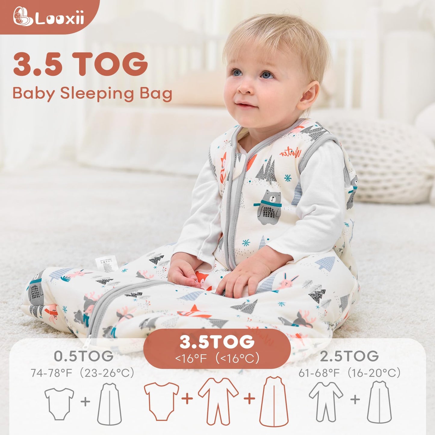 Looxii Baby Sleeping Bag Winter Cotton Winter Sleeping Bag 2.5 TOG Sleeping Bags Warm Baby Sleeping Bag Newborn for Autumn Winter Pink Rabbit 12-18 Months