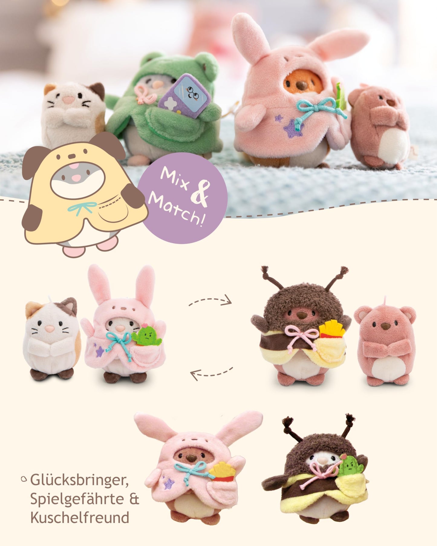 NICI MYMOCHI Kuscheltier Set - Kuscheltier Bär Nomo 8 cm mit Pommes und Bienenkostüm in Geschenkbox, Flauschiges Stofftier zum Kuscheln, Spielen und Liebhaben - 61142