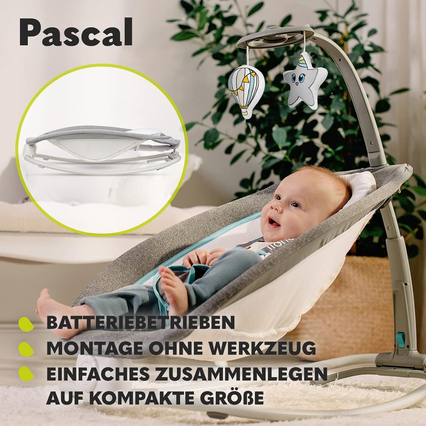 LIONELO Pascal Baby Wippe, sanfte Vibrationen, 5 Melodien, Spielzeugkarussell mit interaktiven Plüschtieren, Kopfkissen, verstellbare Rückenlehne, Energiesparsystem (GREY SCANDI)