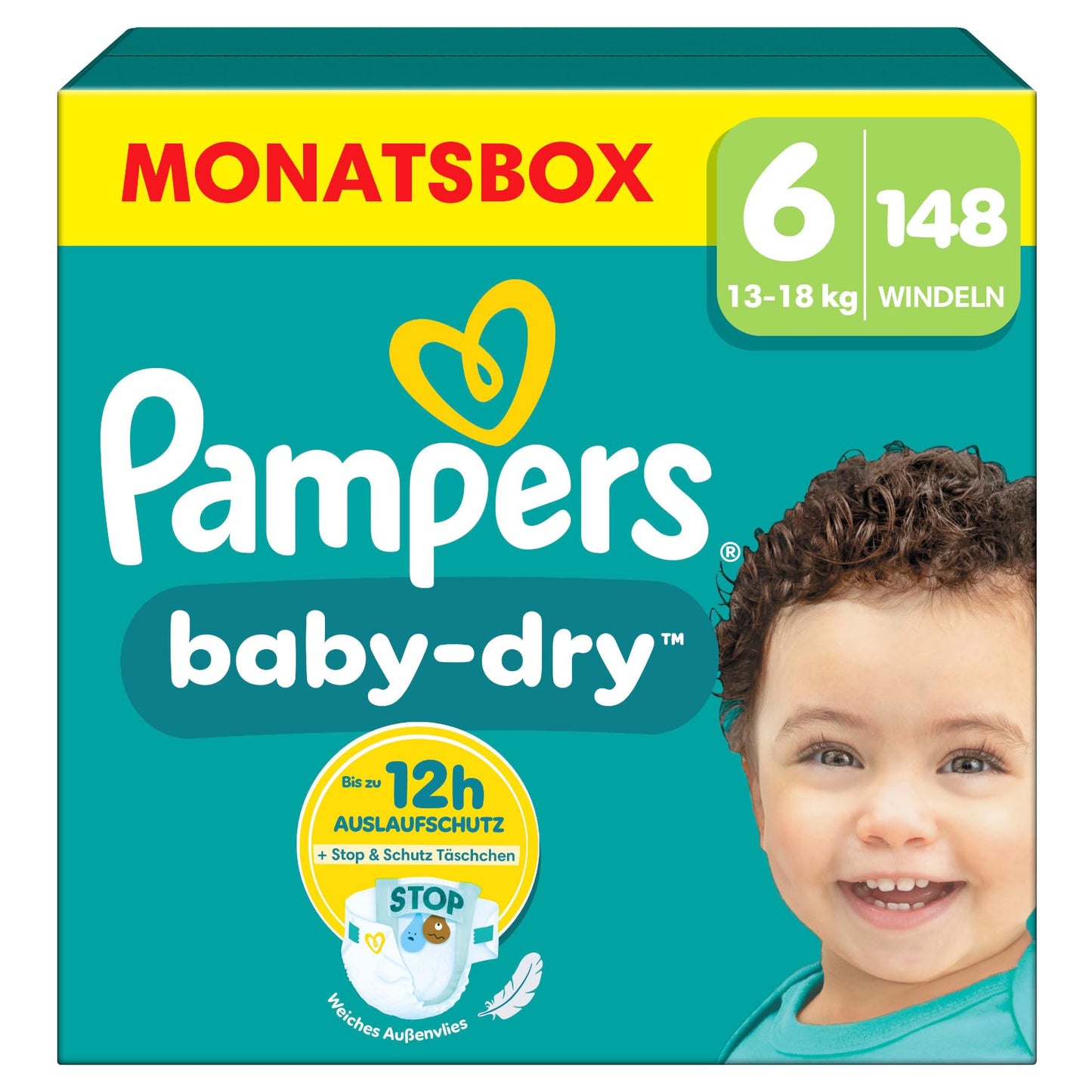 Pampers Baby-Dry Size 3, 222 Nappies, 6 kg - 10 kg, Up to 100% Leak Protection & Comfort All Night