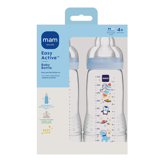 MAM Easy Active Trinkflasche im 2er-Set (330 ml), Baby Trinkflasche inklusive MAM Sauger Größe 2 aus SkinSoft Silikon, Milchflasche mit ergonomischer Form, 4+ Monate, Weltall - Meloni2