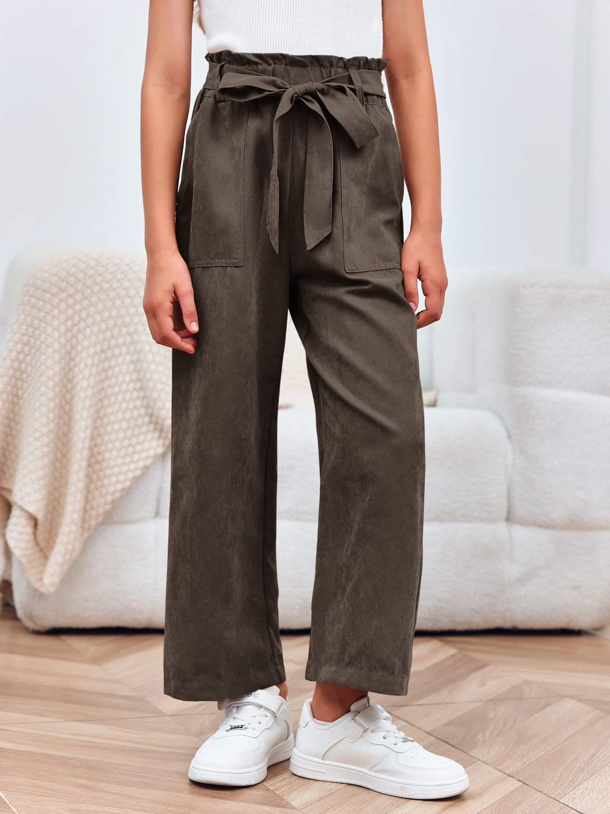 Haloumoning Mädchen Weite Hose Palazzo Hohe Taille Mode Bootcut Elastische Paperbag Freizeithose mit Gürtel