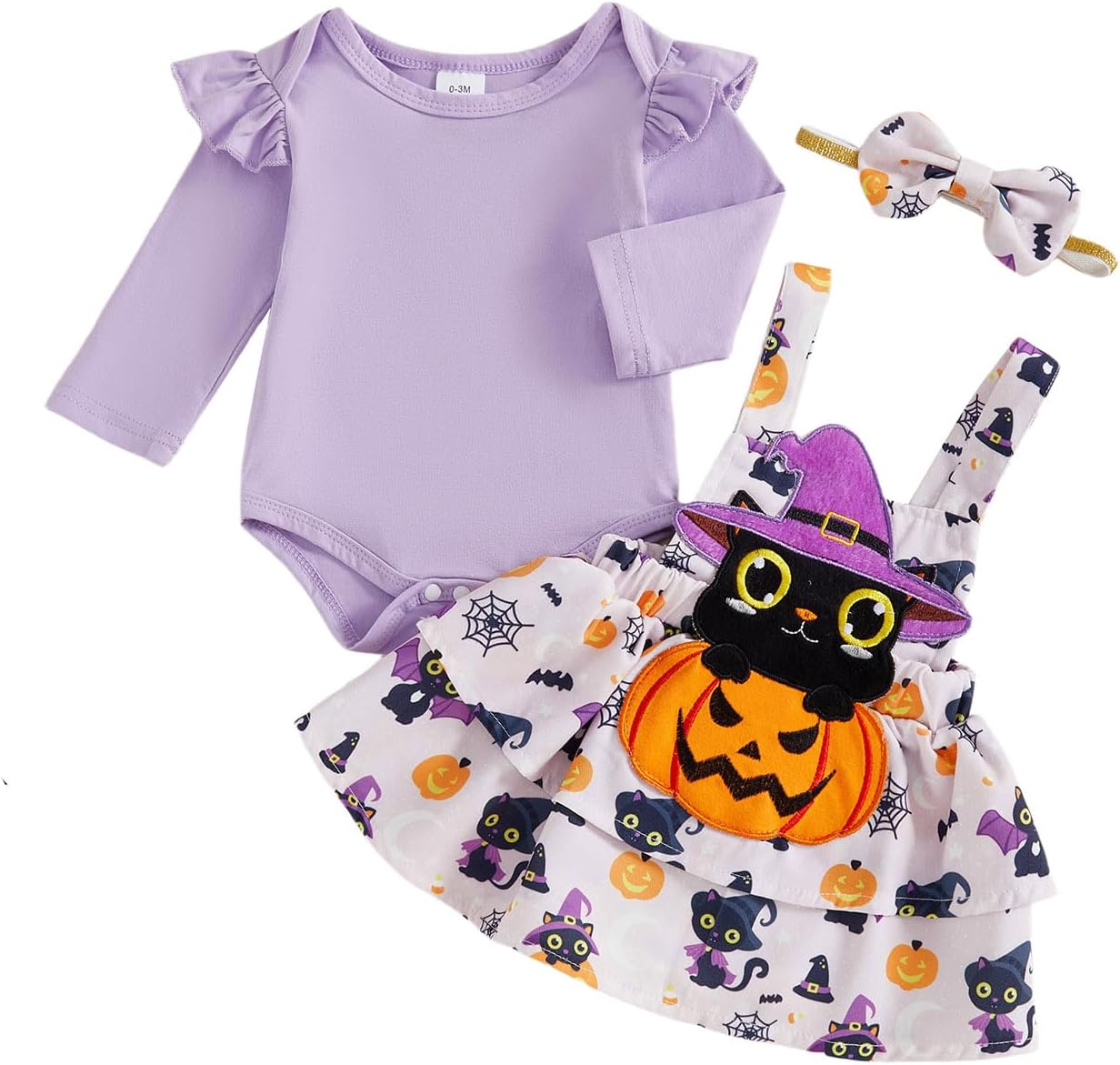 ESSECMBS Infant Baby Girl Halloween Romper Skirt 3 Pieces Clothing Set Long Sleeve Ruffle Shoulder Body Braces Pumpkin Ghost Skirt Headband Girls All Saints Clothing