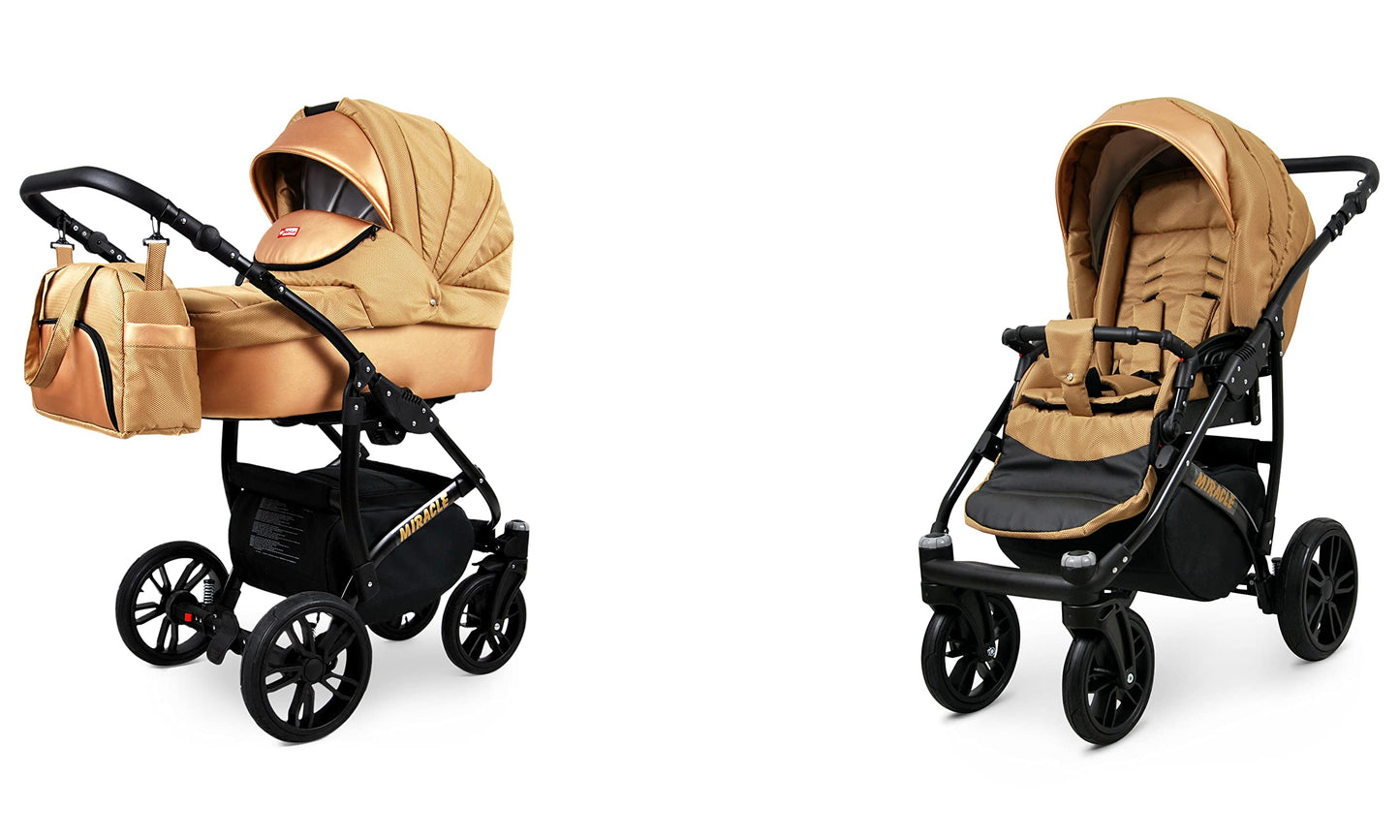 BabyLux Miracle 2-in-1 Baby Pushchair Deep and Pushchair with Accessories Adjustable and Foldable Aluminium Construction Waterproof Non-Removable Wheels Gold Leaf