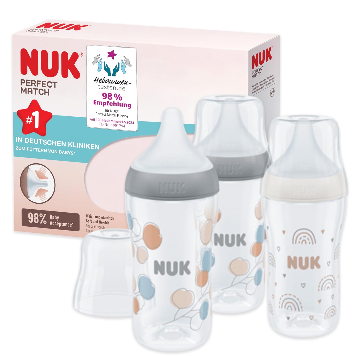 NUK Perfect Match Babyflaschenset | Ab 3 Monate | Passt sich dem Baby an | Temperature Control | Anti-Colic | 260 ml | BPA-frei | Silikontrinksauger, Medium | Regenbogen und Herz | 3 Stück - Meloni2