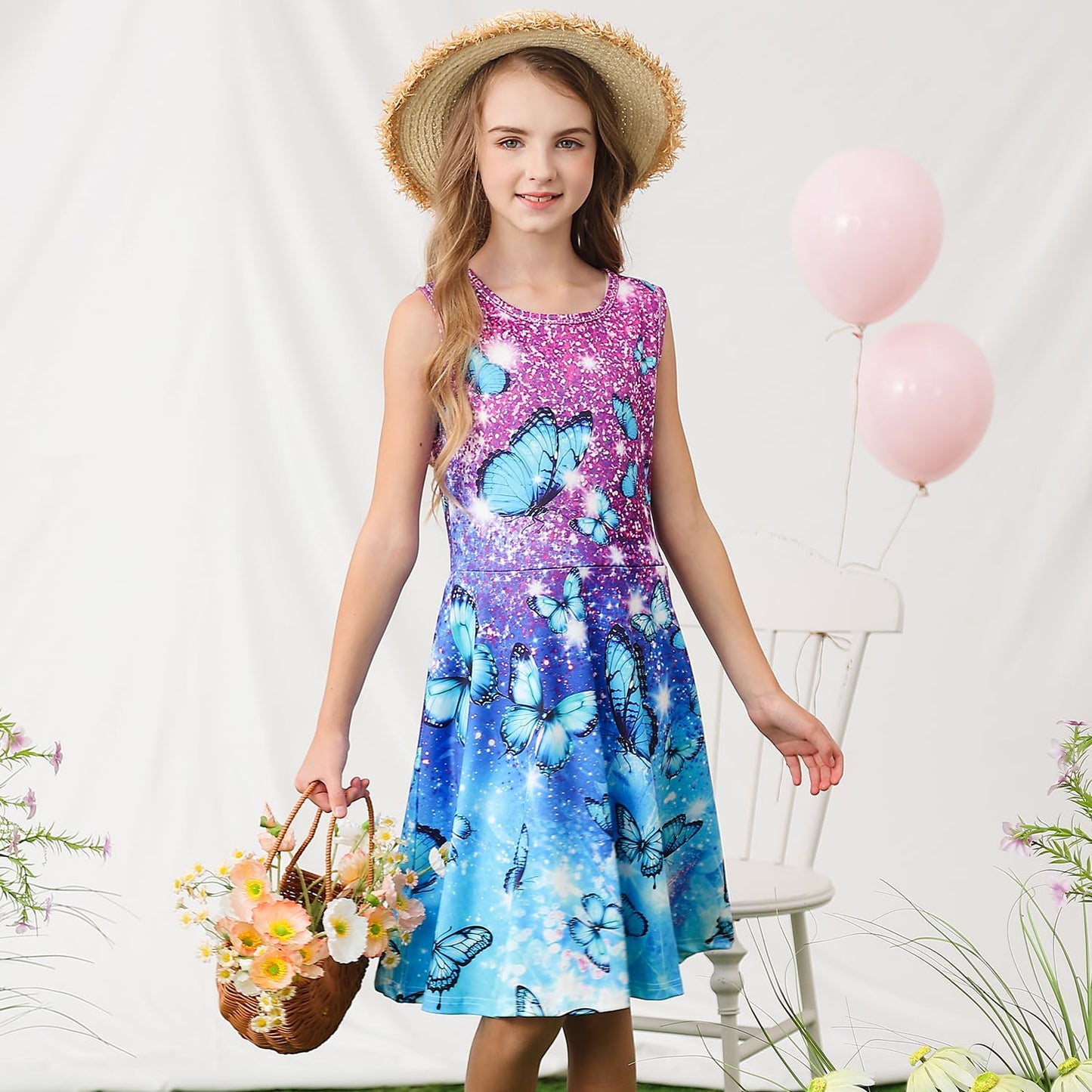 kids4ever Mädchen Kleid Ärmellos Sommerkleid Rundhals A-Linie Swing Kleid Meerjungfrau Galaxie Prinzessin Party Geburtstag 4-12 Jahre
