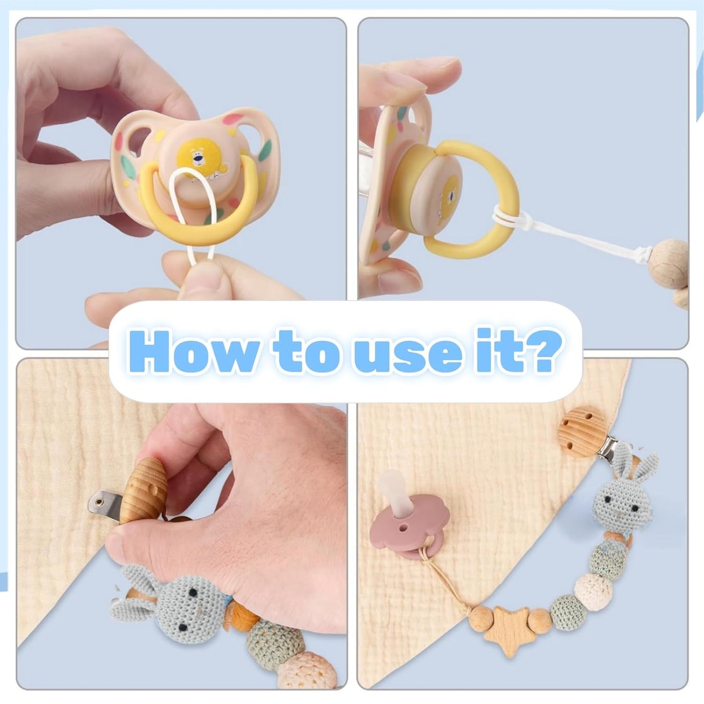 Weploda Baby Schnullerkette Clip, Schnullerkette, Schnullerkette Holz, Geflochtene Schnullerkette, Niedliche Cartoon Schnullerkette, Schnullerkette Mit Hasenmuster, Für Baby, Hält Schnuller Sauber