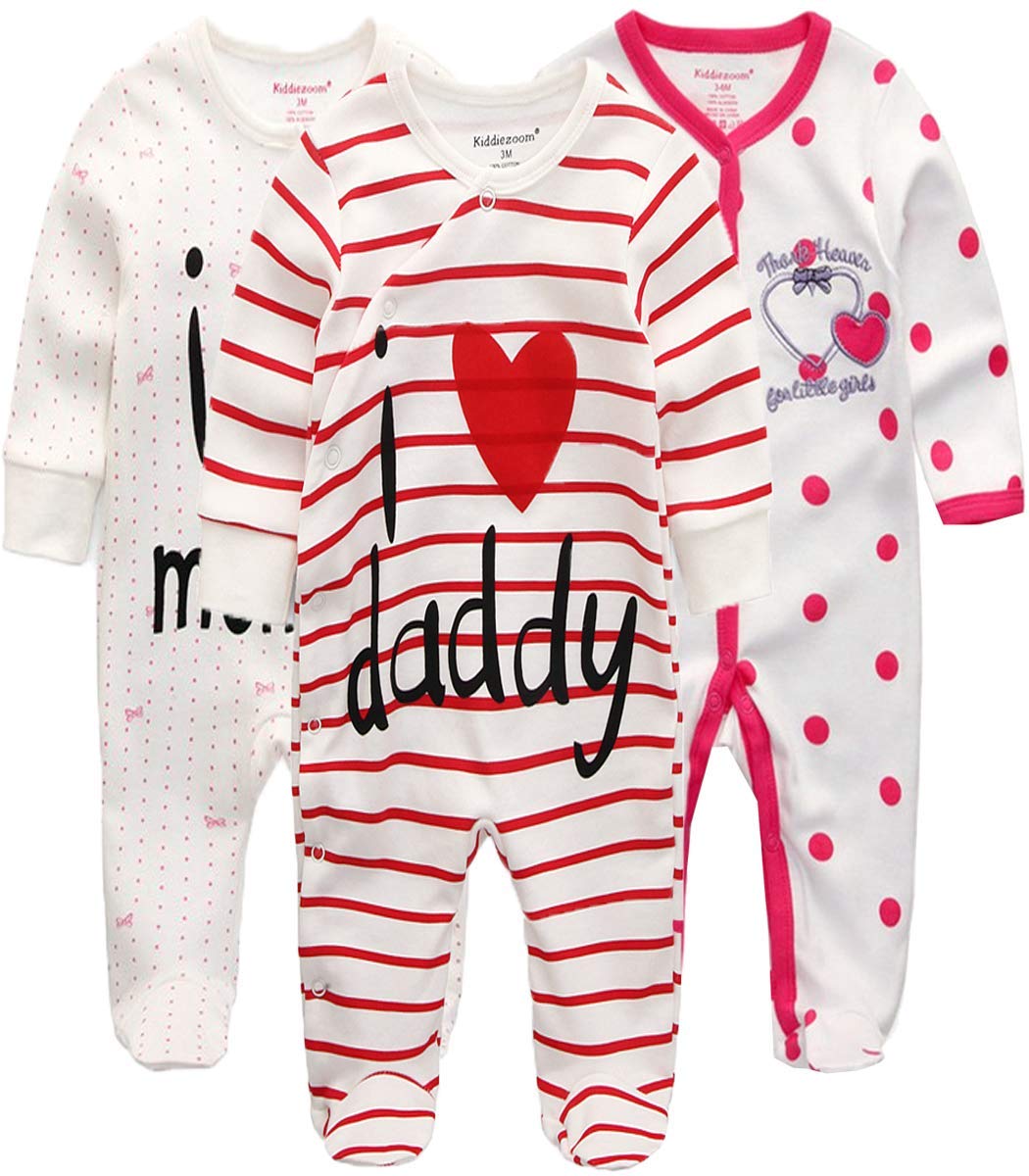 Kiddiezoom Unisex Baby Boys Girls Sleepsuit Pajamas Cotton Overalls Rompers, 3 Pack