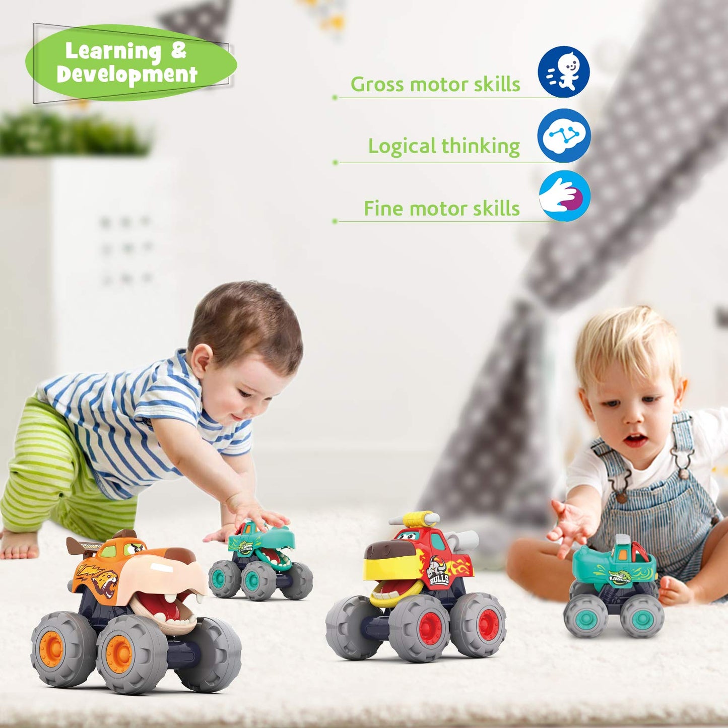 MOONTOY Baby Spielzeugauto Bagger Konstruktionsfahrzeuge Baufahrzeuge 4 in einem Set für Kinder, Traktor, Bulldozer, Kipper & Zementmischer