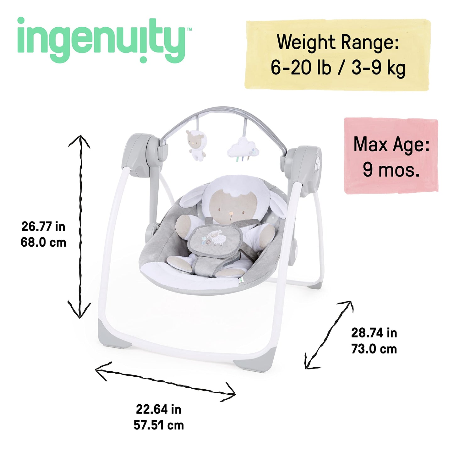 Ingenuity, tragbare Babyschaukel, Cuddle lamp - mit Melodien, Zeit- und Schaukeleinstellung