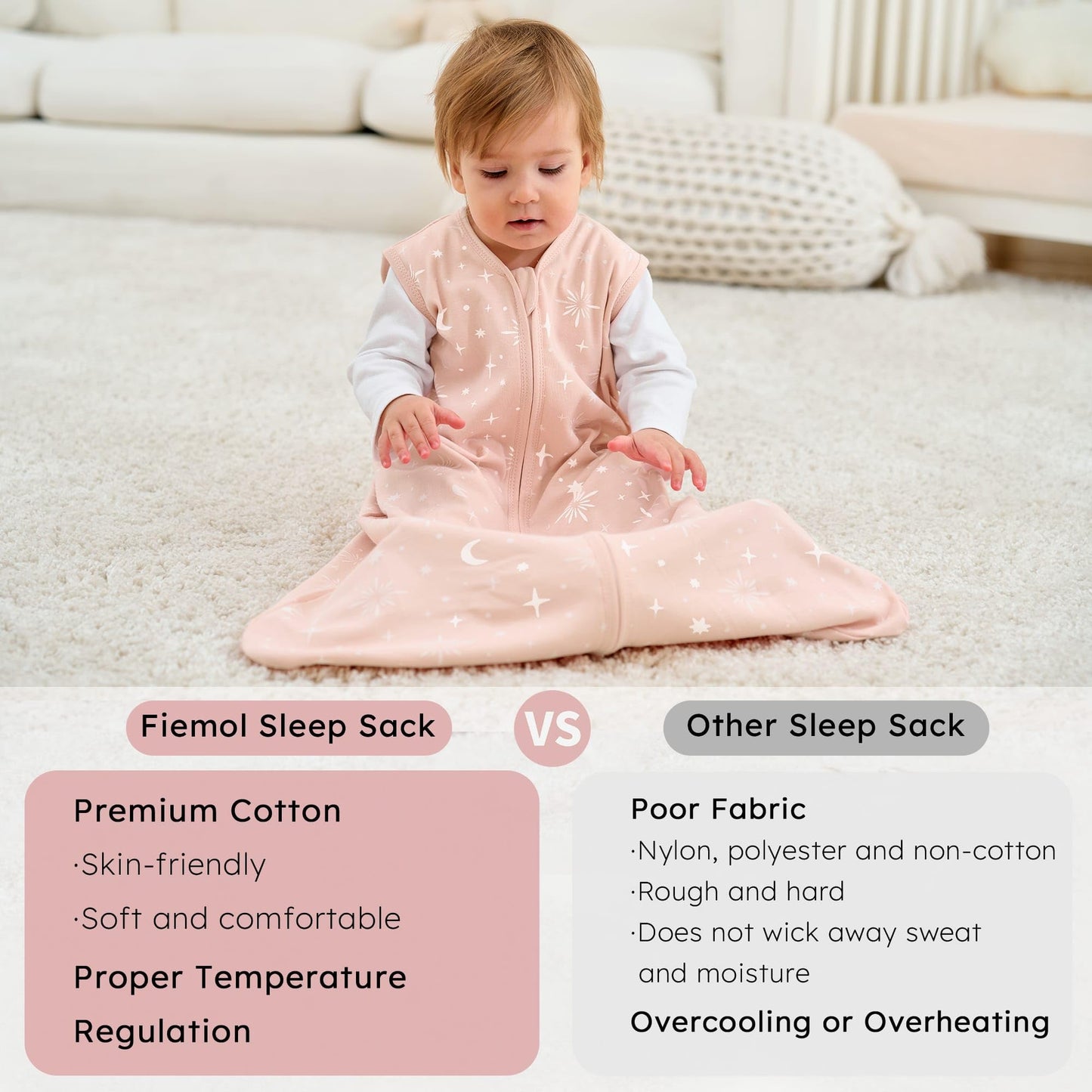 FIEMOL Baby Sleeping Bag 2.5 Tog 0-6 Months, Winter Cotton Newborn Baby Sleeping Bag, Wearable Blanket for Infants and Toddlers, 2-Way Zip Sleeping Bag, 67 cm, Rainbow