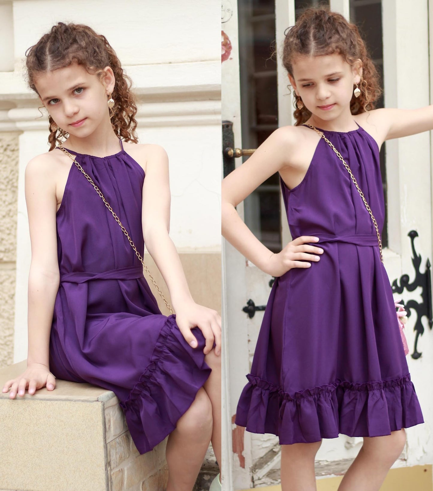 Arshiner Mädchen Kleid Neckholder Sommerkleid Rüschensaum Midikleid A-Linie Kinderkleid Swing Partykleider Abendkleid Kinder Festliche Kleider Freizeitkleid mit Gürtel 6-14 Jahre