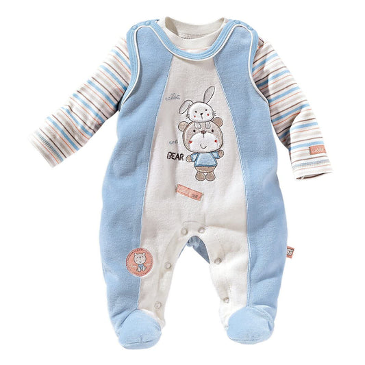 Bornino Nicki Romper Set Bear and Bunny, Romper for Boys, Long Sleeve, Embroidered, Cotton-Polyester Blend, Light Blue/Beige