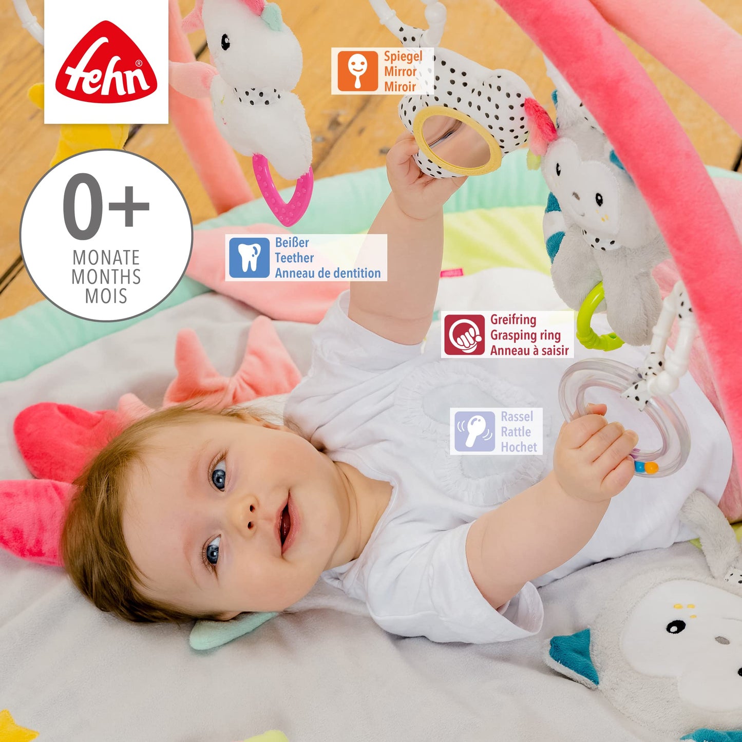 Fehn 3-D-Activity-Decke Spielbogen Peru – Baby Krabbeldecke mit 5 abnehmbaren Spielzeugen zum Greifen – Spieldecke für Babys und Kinder ab 0+ Monaten – Krabbelmatte als Geschenk zur Geburt