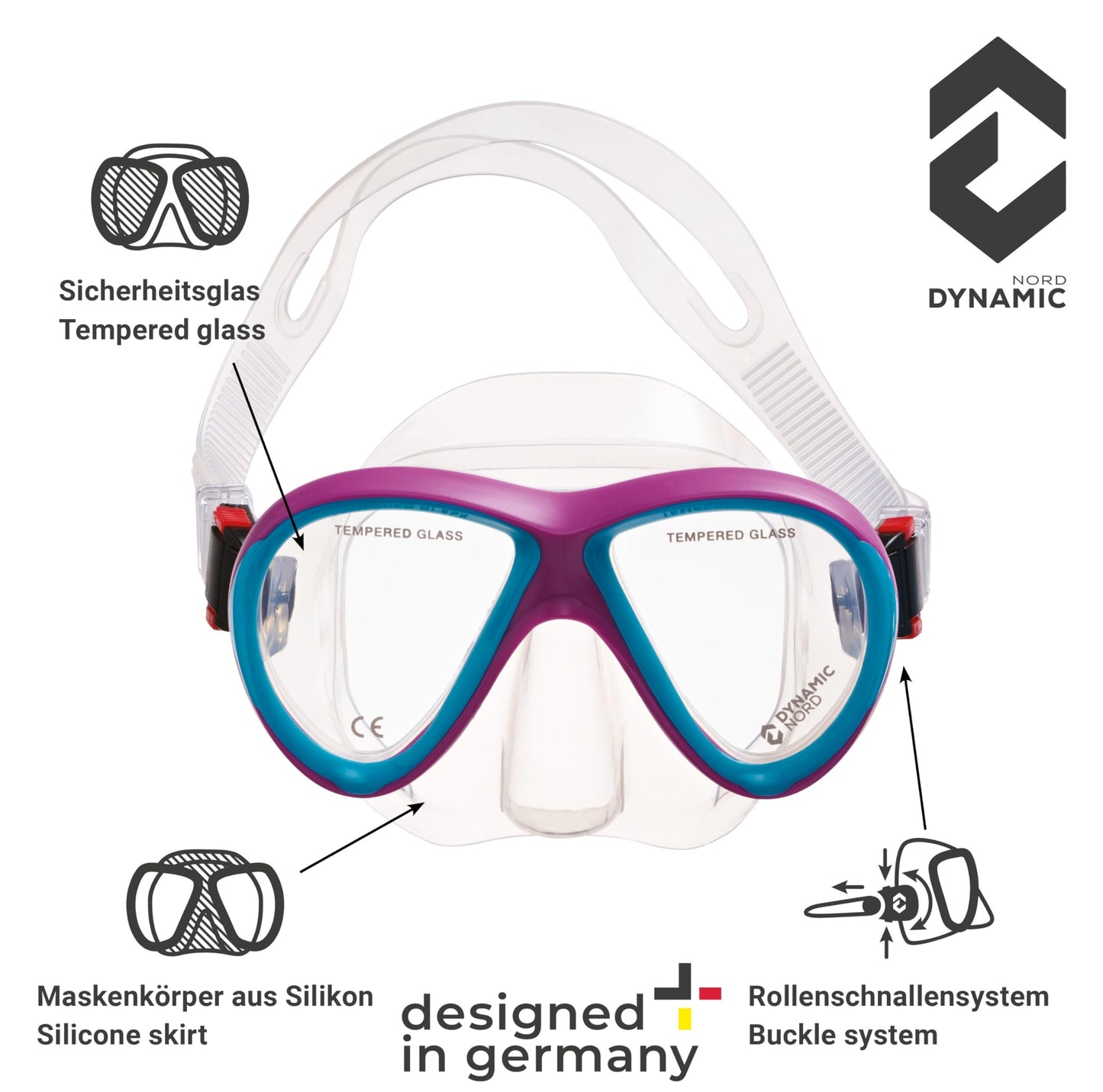 DYNAMICNORD - Kinder Schnorchelset – Designed in Germany – Profi Silikon 2er Set Tauchset Schnorchelset für Kinder (Taucherbrille, Trocken Schnorchel & Netztasche) mit Dry Schnorchel & Sicherheitsglas