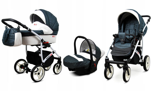 BabyLux® Bambimo stroller set 3 in 1 - White Lux - incl. carrycot, buggy sports seat, car seat - stroller set - combi stroller with changing bag, rain cover, etc.