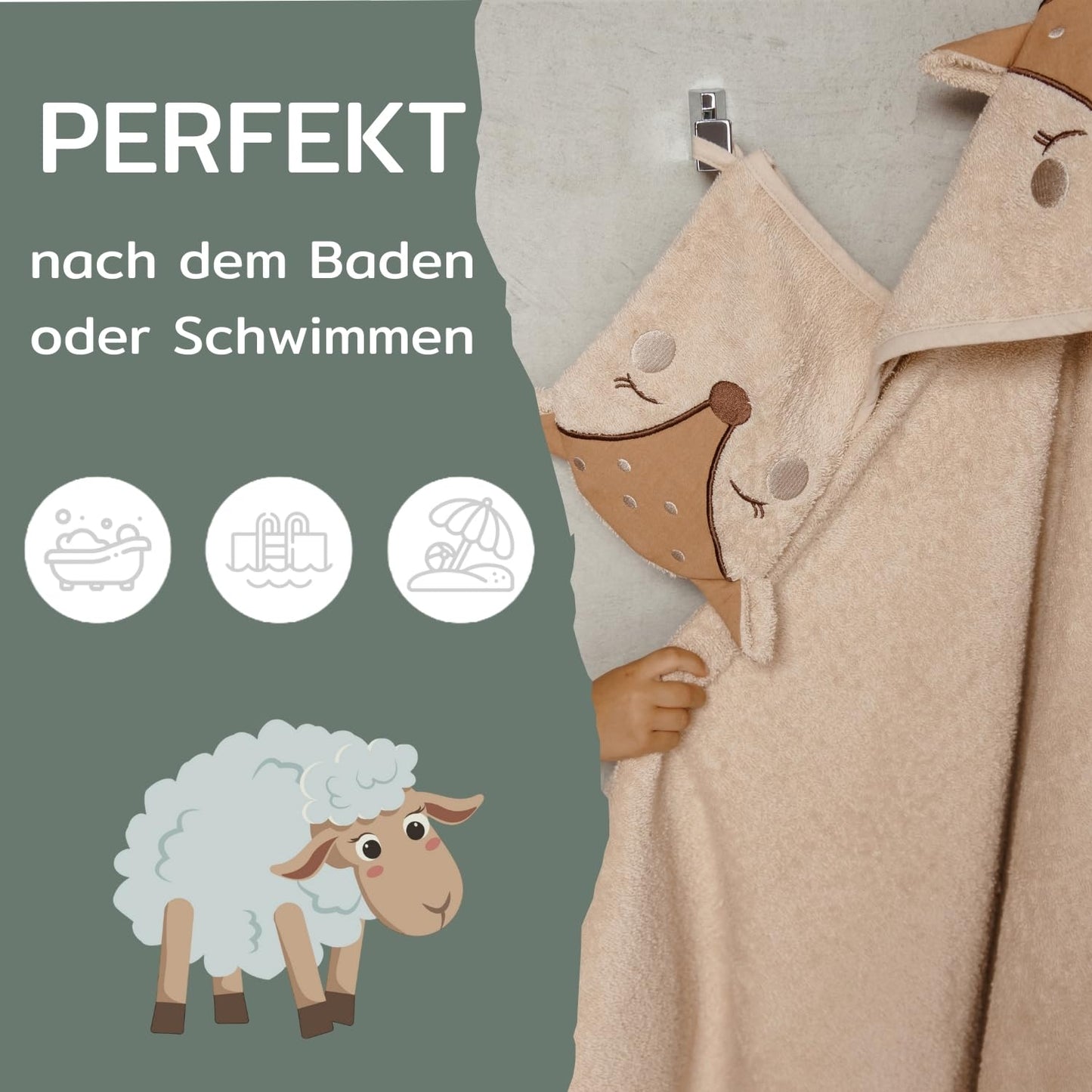 MIRARI Kids Babyhandtuch mit Kapuze und Waschlappen 100x100 cm – Handtuch Rentier aus 100% Baumwolle - REH Badetuch mit Kapuze - Geschenk Geburt - Baby Erstausstattung Neugeborenen Set