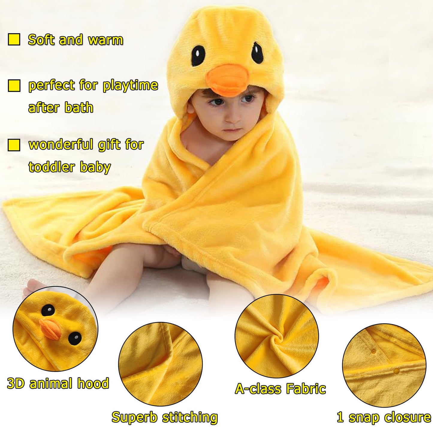 Doladola Baby Decke Babys Tier Design,Flanell Kinder Decke Kapuzenhandtuch für Mädchen und Jungen,Baby Kapuze Badeponcho Kinder Warm(gelbe Ente)