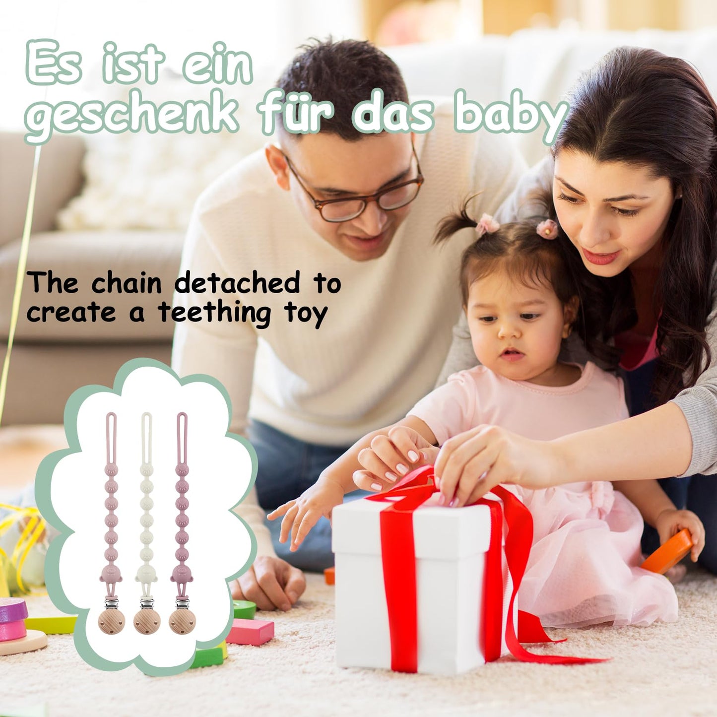 3er-Pack Schnullerkette Aus Silikon, Schnullerkette Mädchen und Mit Namen Junge, Geeignet für Baby, Hält Schnuller Sauber, Weiche Flexible BPA Frei Langlebig–Hohe Robustheit, Mandel Grün Blau