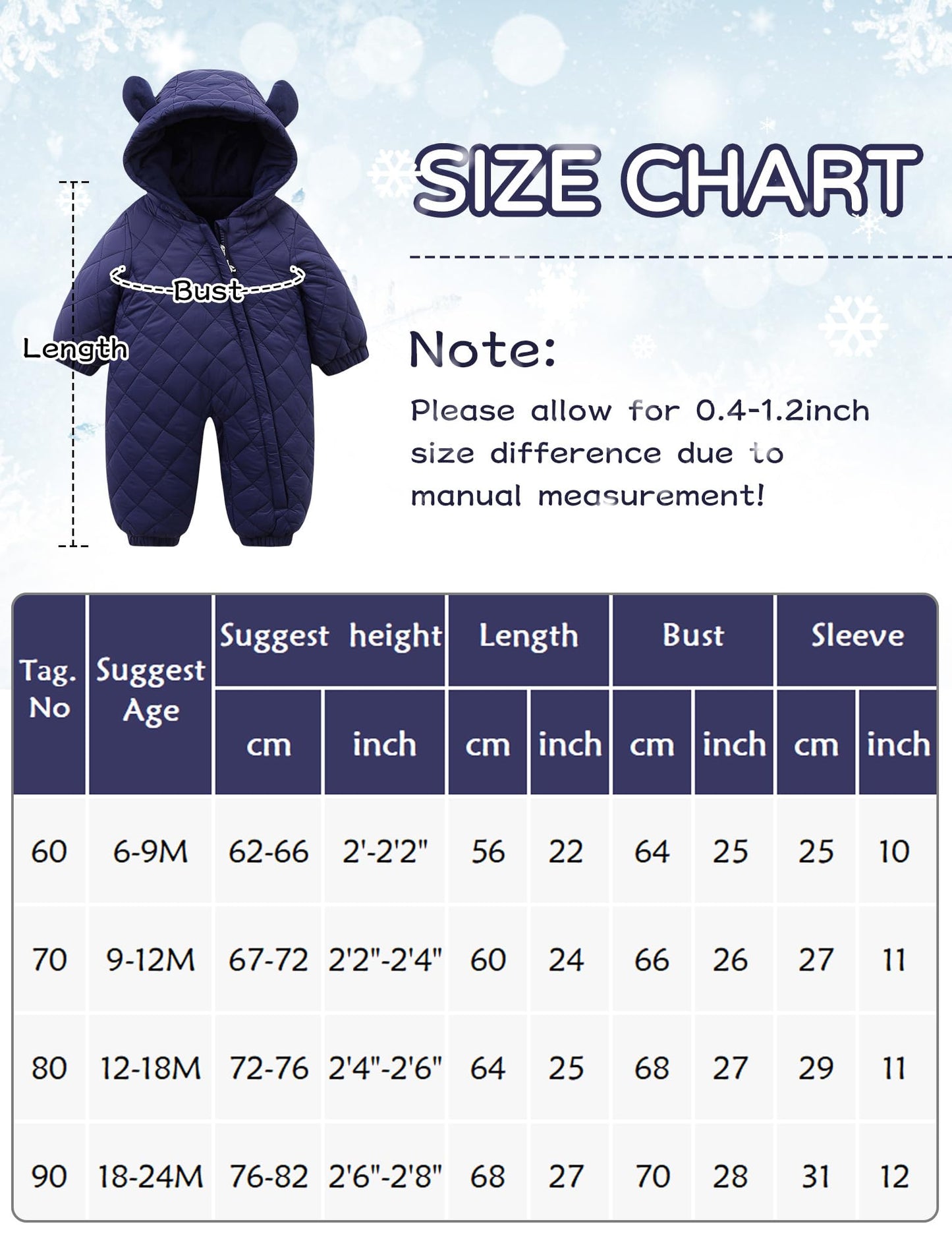 SEAUR Toddler Baby Winter Snowsuit Windproof One Piece Buffer Padded Romper Warm Hooded Outerwear for Baby 6-24 Months