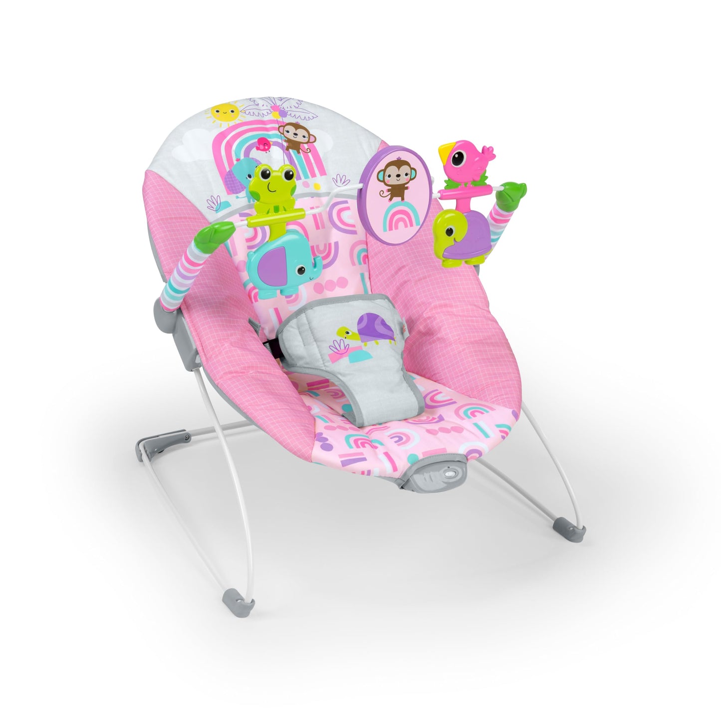 Bright Starts, Babywippe Babyschaukel Safari Fun mit Beruhigenden Vibrationen, Spielbogen mit 2 Spielzeugen, 3-Punkte-Gurt Sitz, Maschinenwaschbares Sitzpolster, ab der Geburt bis 9kg