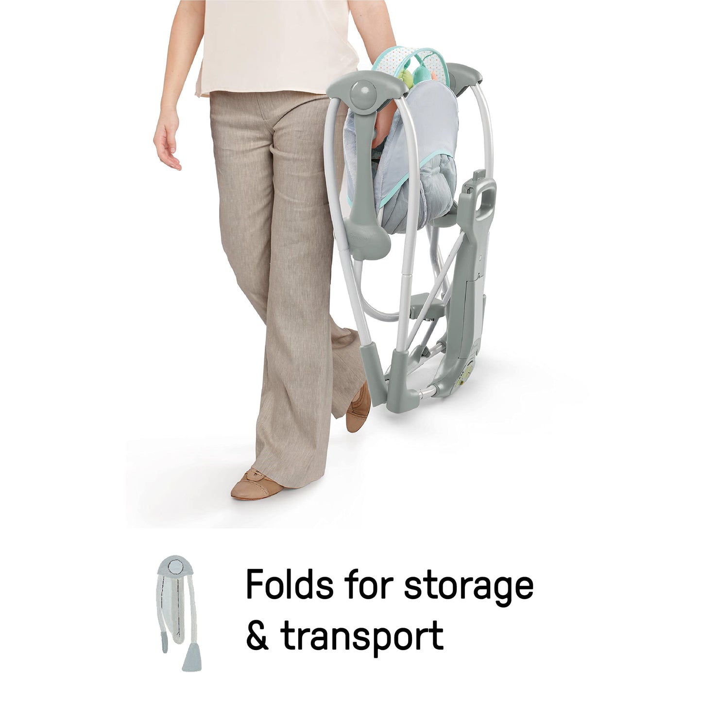 Ingenuity Hugs & Hoots zusammenklappbare & tragbare Babyschaukel, 5 Schaukelgeschwindigkeiten, 8 Melodien, 3 Naturgeräusche, Lautstärkeregulierung und Spielzeugbügel, ab der Geburt bis 9kg