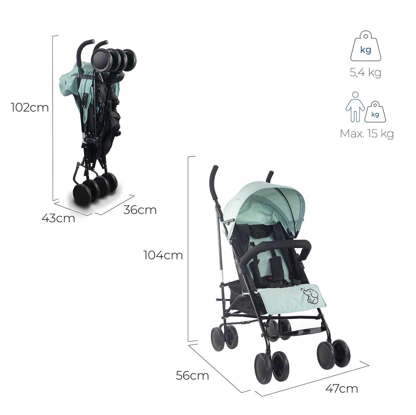Mobiclinic®, Kinderwagen, Buggy, Elefant, Verstellbare rückenlehne, Doppeltes sicherheitssystem, Abnehmbare räder, Verstellbarer 5-punkt-gurt, Leichter, Grau und schwarz