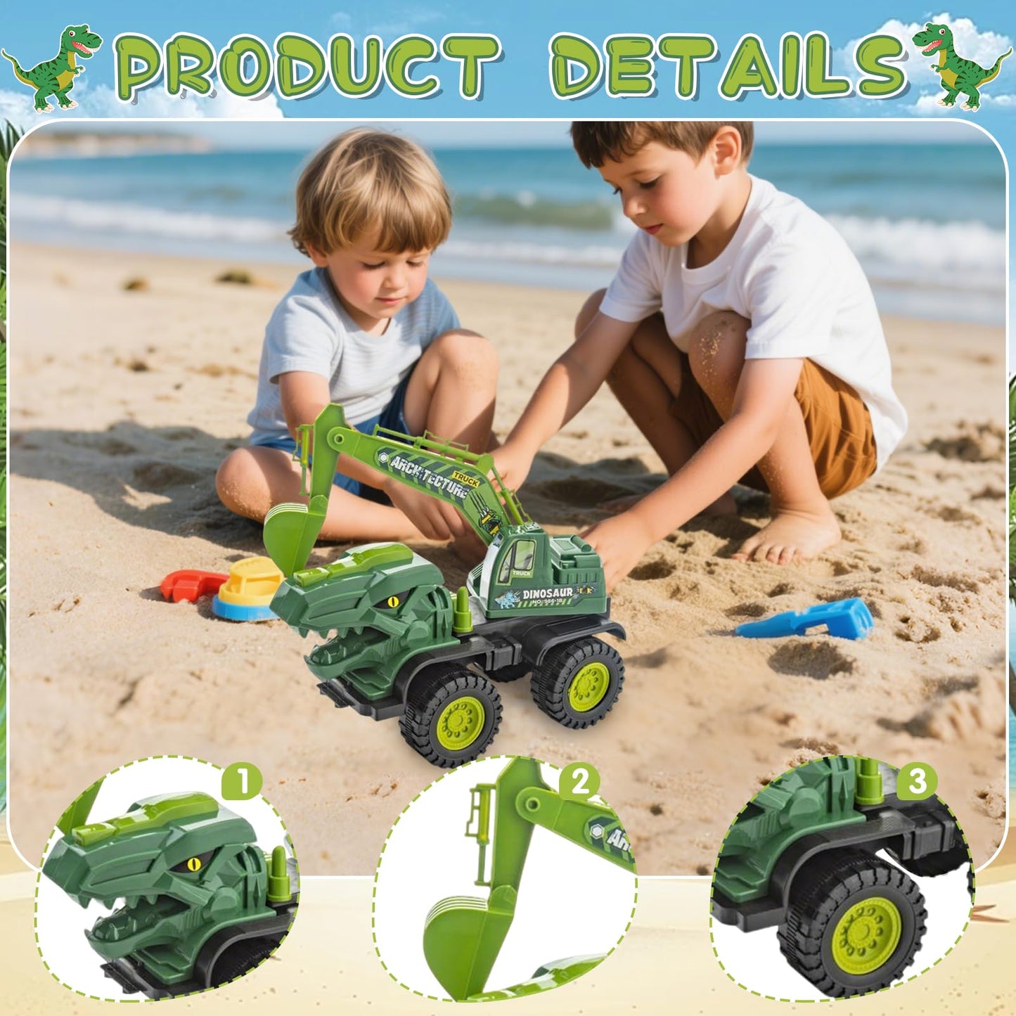 Baustellenfahrzeuge ab 3 Jahren, Set mit 3 Dinosaurier-Sandgruben-Spielzeugset mit Bagger, Transporter, Muldenkipper, robustem Sandspielzeugfahrzeugen Auto, geeignet als Sandspielzeug für Kinder ab 2+ (01)