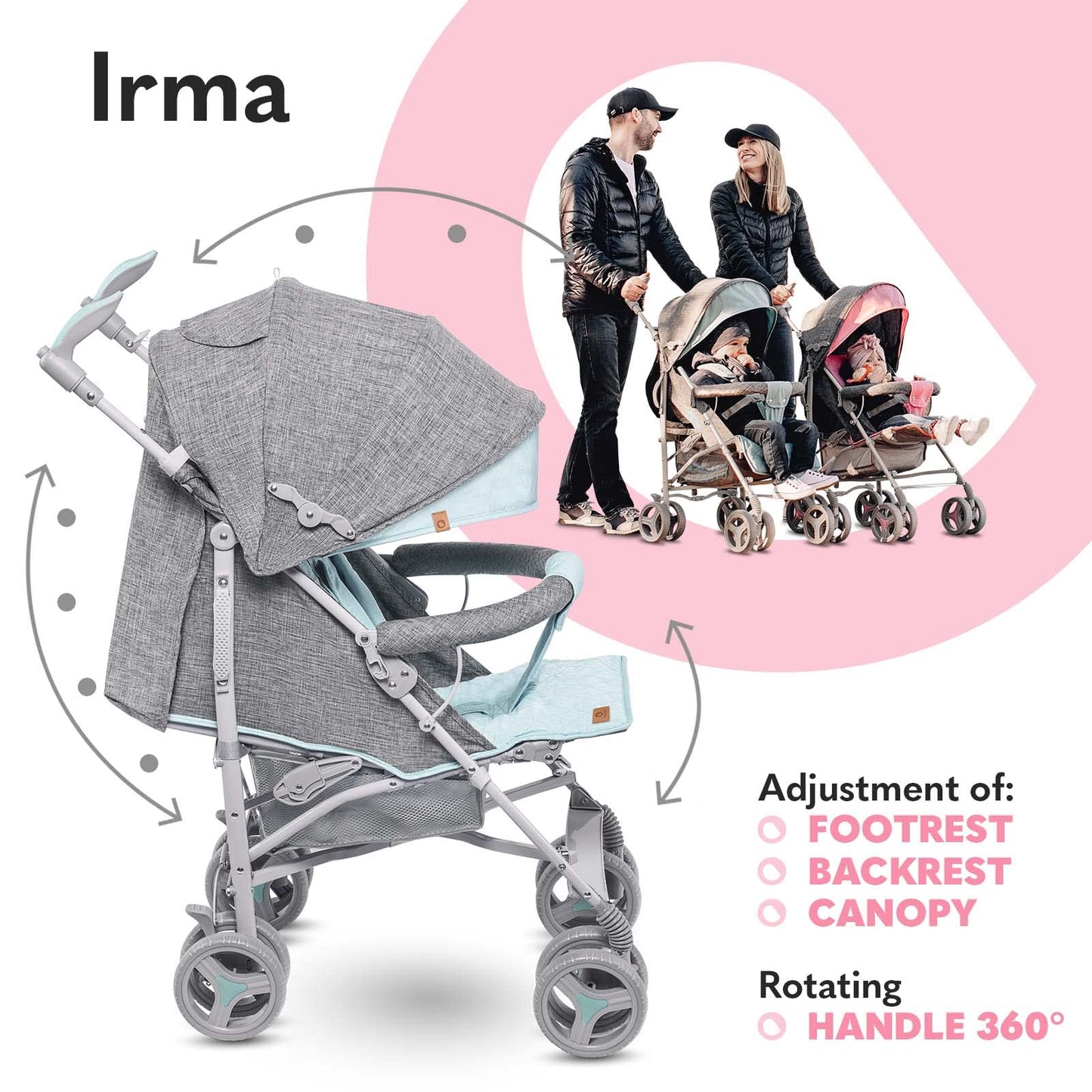 Lionelo Irma Pushchair up to 15 kg, Lightweight Modern Pushchair with Reclining Function, Foldable, Large 6 Inch Wheels, Large Basket, Bag, Mosquito Net
