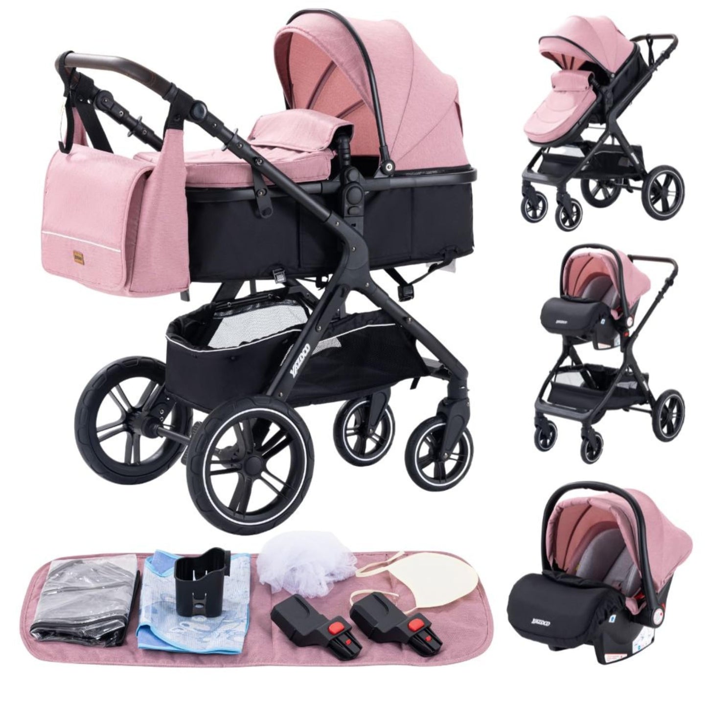 YAZOCO Kompakter 3 in 1Kinderwagen Anstout Terrain Luxus Hohe Landschaft Vierfacher Kinderwagen 0-36kg Faltbarer Gehstock Baby Kinderwagen Komfort Autositz Zubehör (Schwarz)