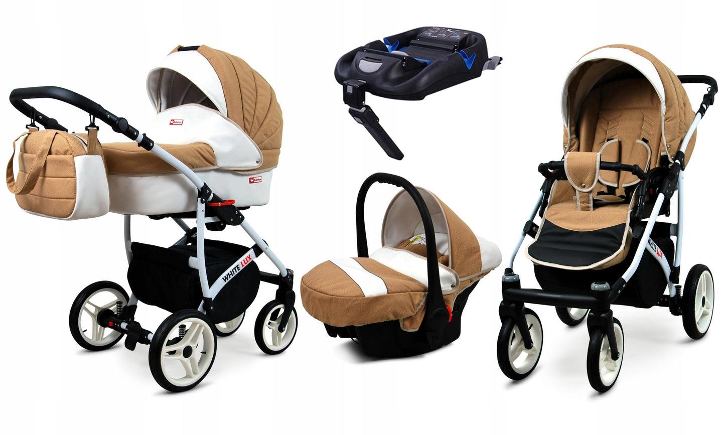 BabyLux® Bambimo Kinderwagen Set 3 in 1 - White Lux - incl. Babywanne, Buggy Sportsitz, Auto-Babyschale - Autositz - Kinderwagenset - Kombikinderwagen mit Wickeltasche, Regenschutz usw.