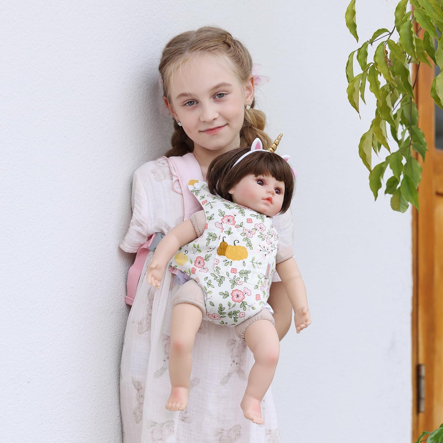 GAGAKU Puppentrage ab 3 Jahre Bauchtrage Babypuppen Zubehör Schultergurte Babytrage Puppe Kleinkind Puppentragetasche Stofftiertrage Kuscheltierträger - Rose - Kaninchengarten