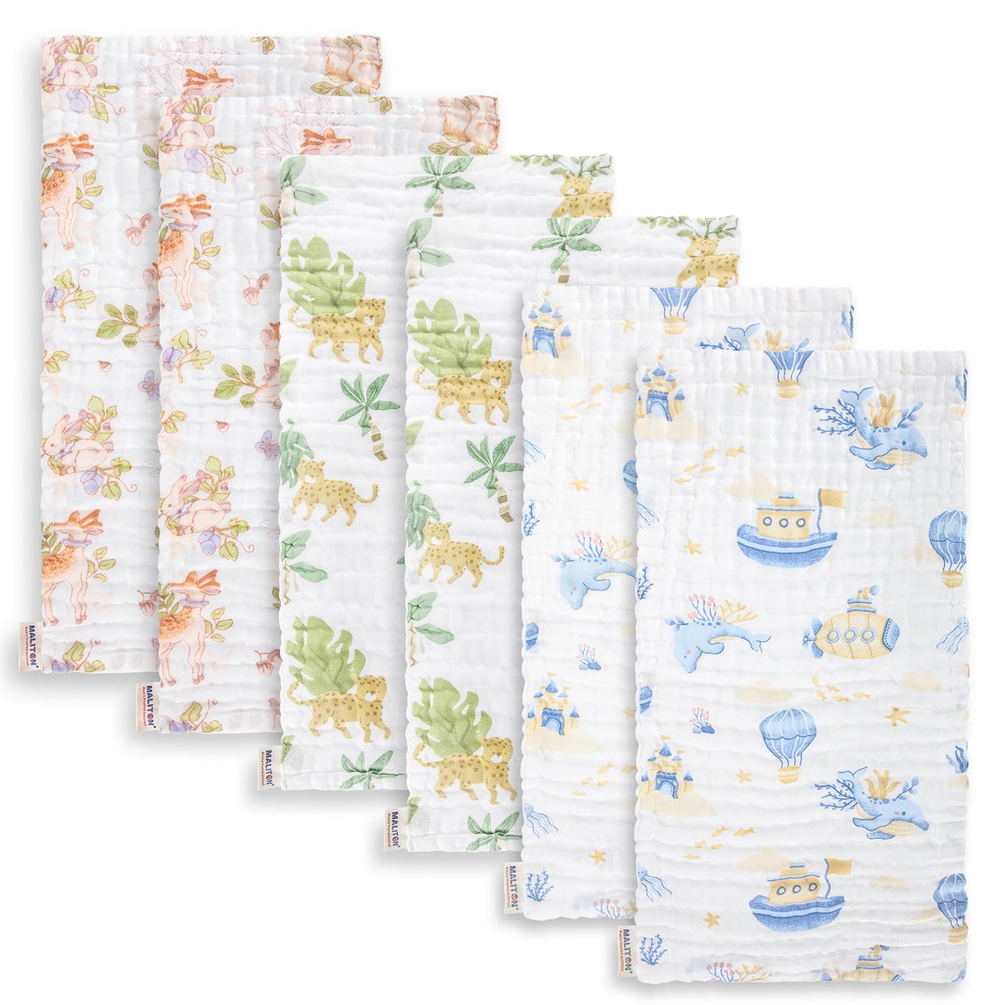 Maliton 6 Stück Baby Spucktücher für Jungen/Mädchen,aus 100% Baumwollem,weich, langlebig, luftdurchlässig und extrem saugstark (Zoo-Muster),50x25cm