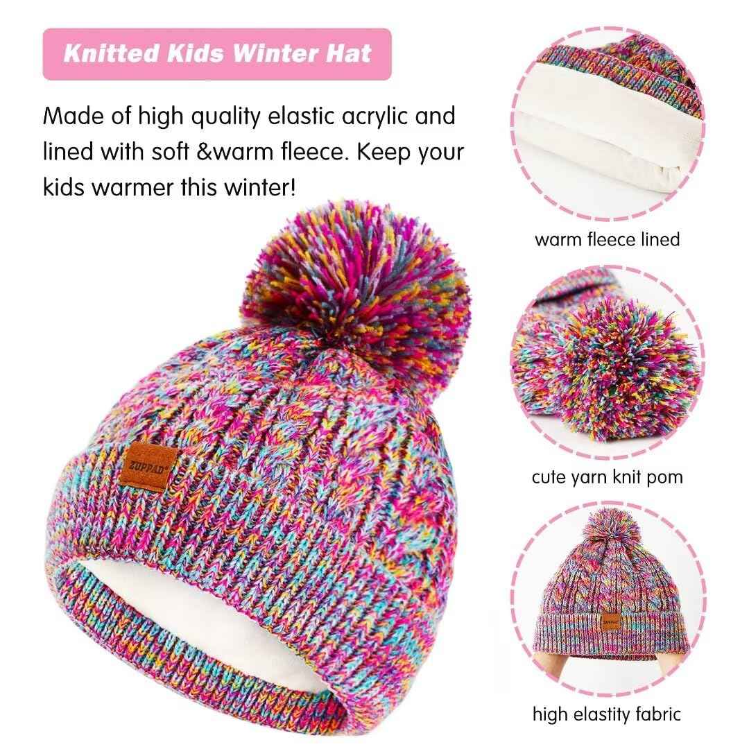 ZUPPAD Mütze und Schal Kinder Set, Kinder Beanie Mütze Winter mit Bommel Strick Halswärmer Halstuch Schlauchschal Warme Handschuhe Fleece Gefüttertes Geschenk Set für Mädchen Kinder
