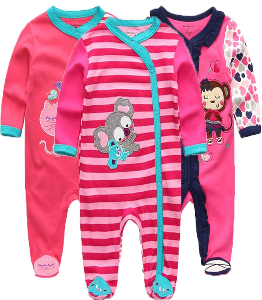 Kiddiezoom Unisex Baby Boys Girls Sleepsuit Pajamas Cotton Overalls Rompers, 3 Pack