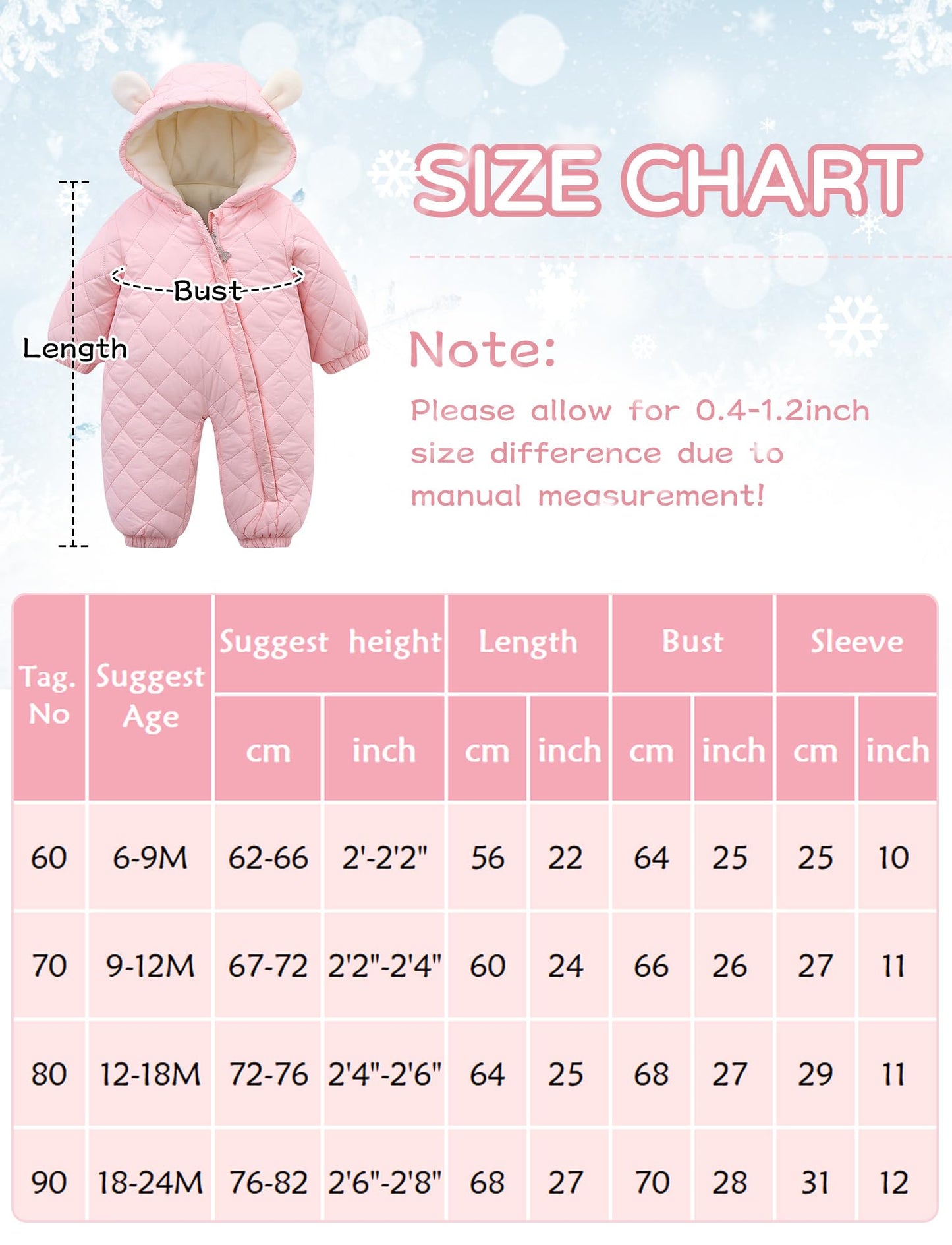 SEAUR Toddler Baby Winter Snowsuit Windproof One Piece Buffer Padded Romper Warm Hooded Outerwear for Baby 6-24 Months