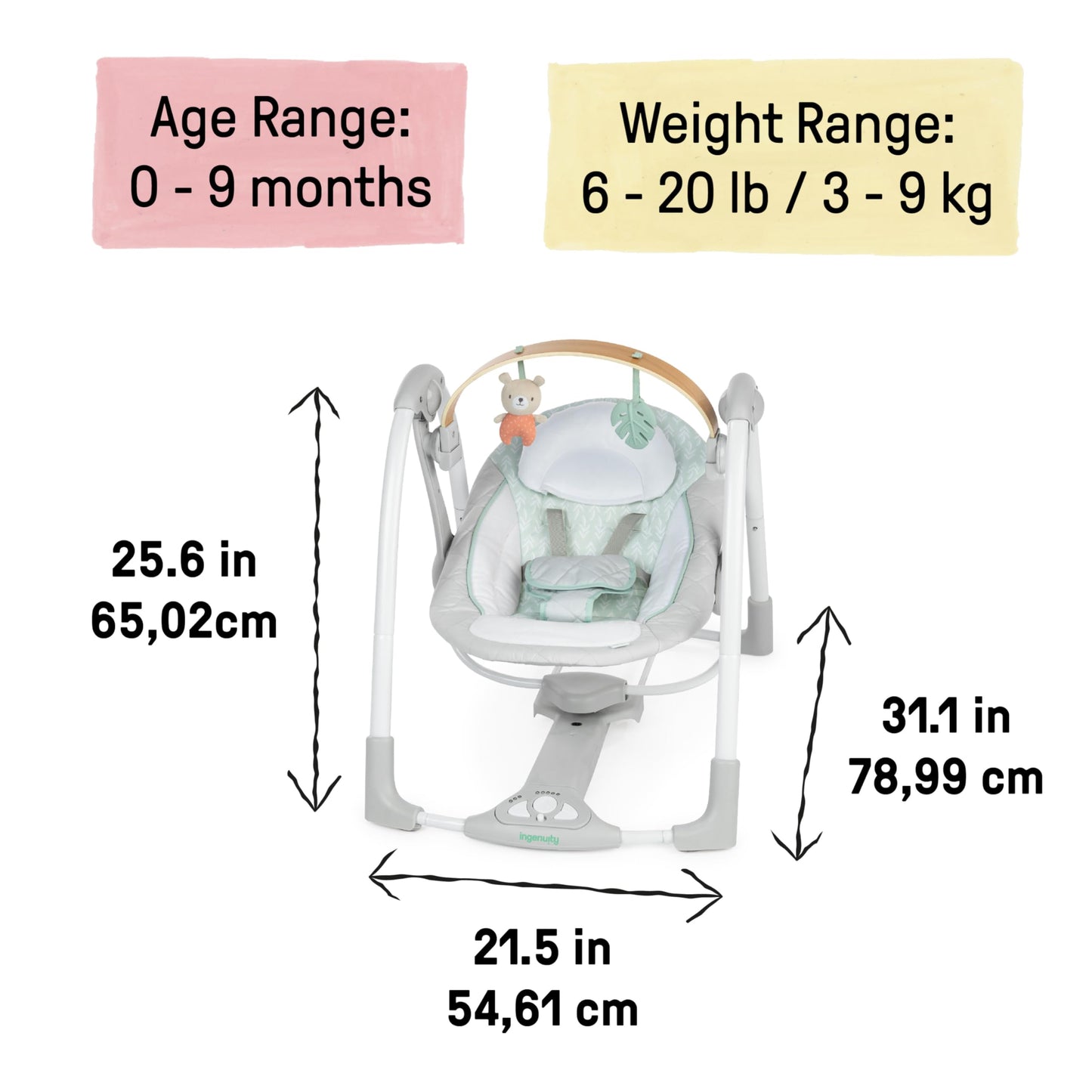 Ingenuity Hugs & Hoots zusammenklappbare & tragbare Babyschaukel, 5 Schaukelgeschwindigkeiten, 8 Melodien, 3 Naturgeräusche, Lautstärkeregulierung und Spielzeugbügel, ab der Geburt bis 9kg