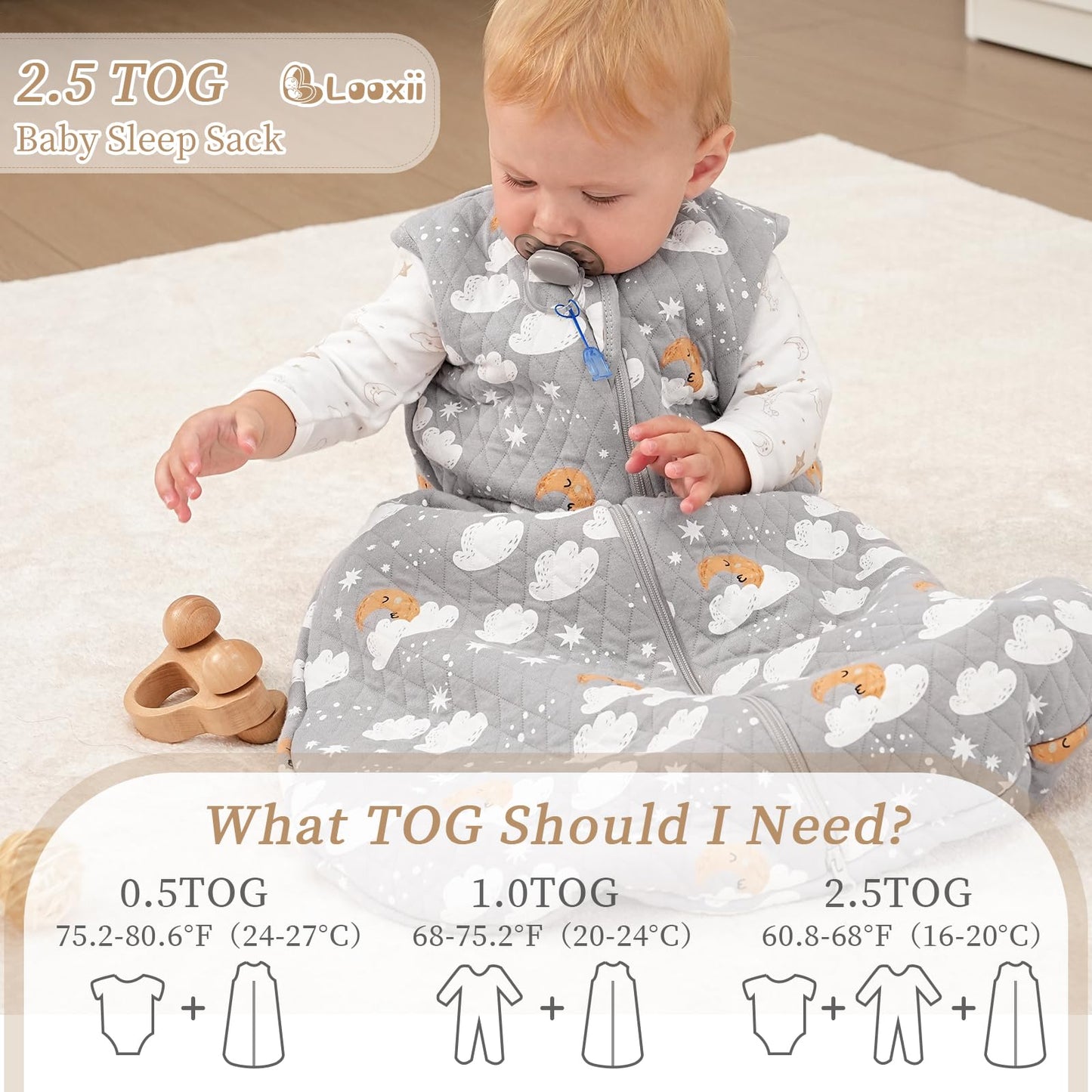 Looxii Baby Winter Sleeping Bag, Cotton, 2.5 Tog, Warm Winter Sleeping Bag, Soft Baby Sleeping Bag, Newborn in 6-12 Months, Perfect for Autumn, Winter