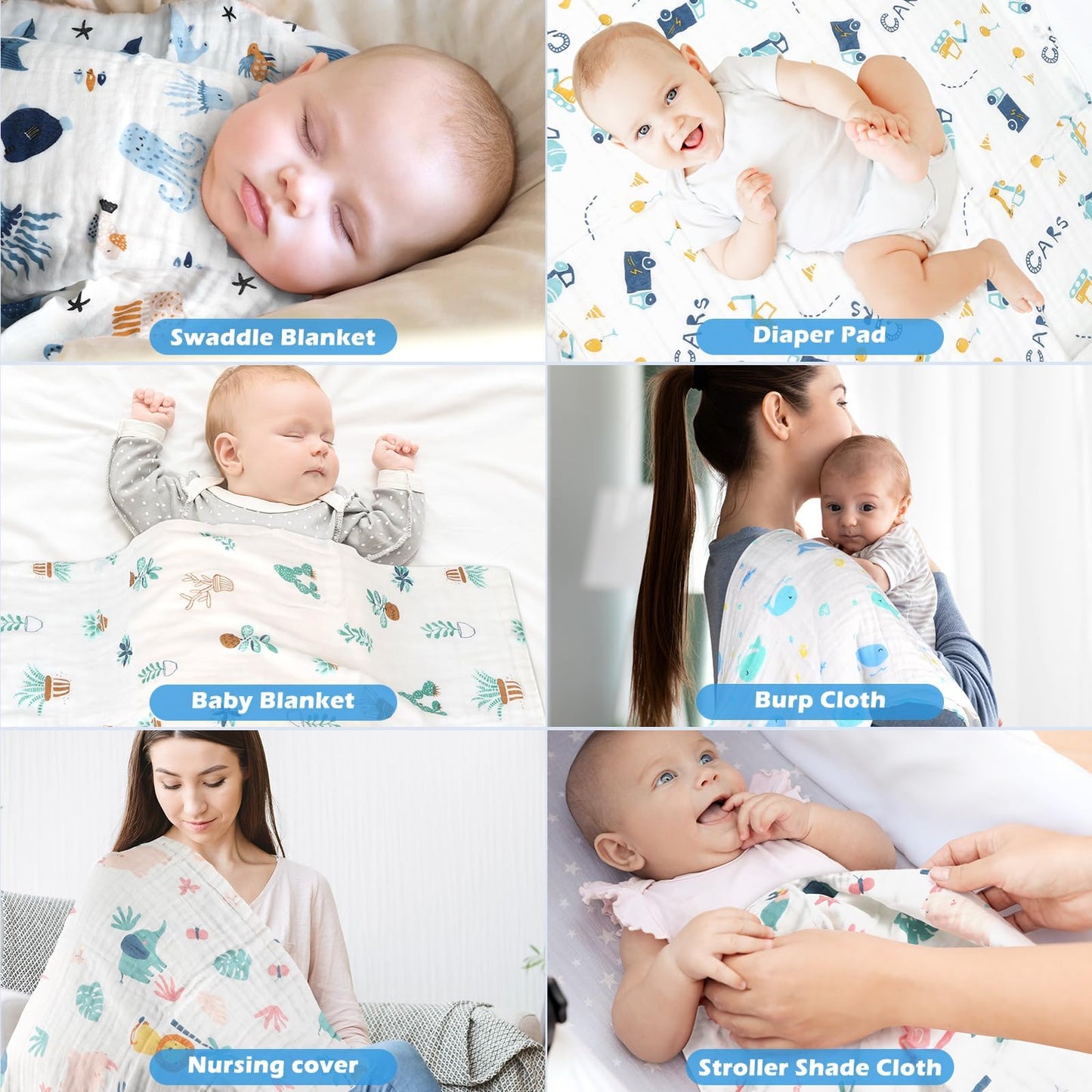 Maliton 6 Stück Baby Spucktücher für Jungen/Mädchen,aus 100% Baumwollem,weich, langlebig, luftdurchlässig und extrem saugstark (Zoo-Muster),50x25cm